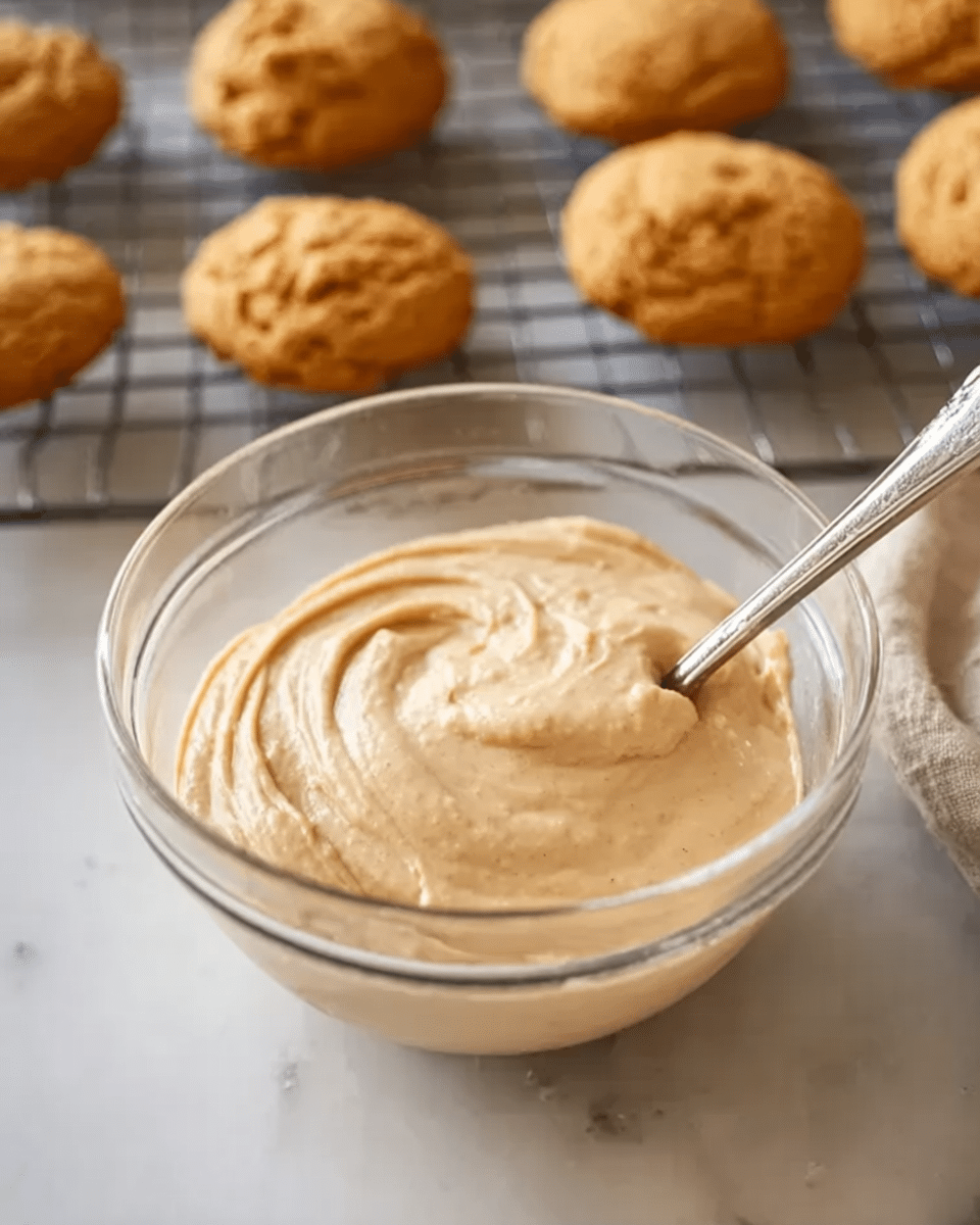 A clear glass bowl filled with smooth, light beige batter sits on a white marbled surface. The batter has a creamy texture with soft swirls from a spoon resting inside the bowl on the right side. In the background, slightly out of focus, there are several golden brown cookies cooling on a wire rack. Photo taken with an iphone --ar 4:5 --v 7