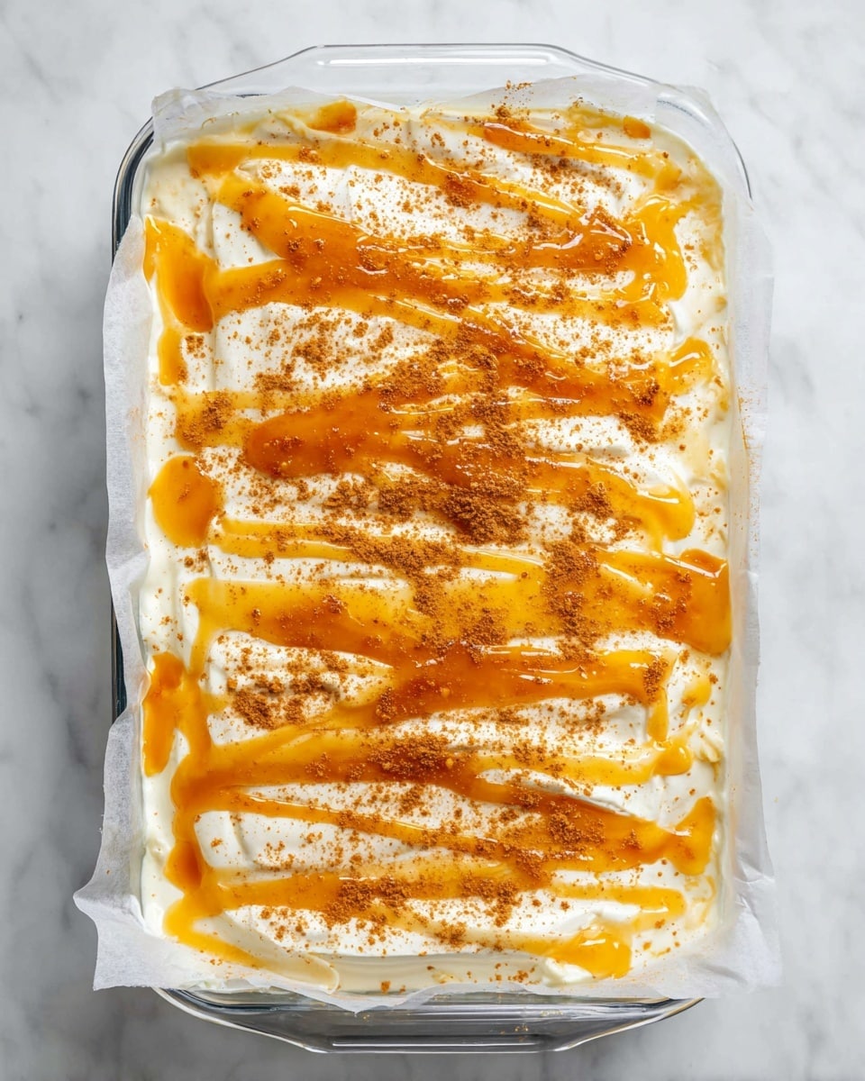 A glass rectangular baking dish lined with white parchment paper holds a creamy dessert with three visible layers: a bottom layer obscured by the paper, a thick middle layer of smooth white cream, and a top layer covered evenly with drizzles of bright orange sauce and sprinkled brown powder, creating a visually textured surface. The dish rests on a white marbled surface. Photo taken with an iphone --ar 4:5 --v 7
