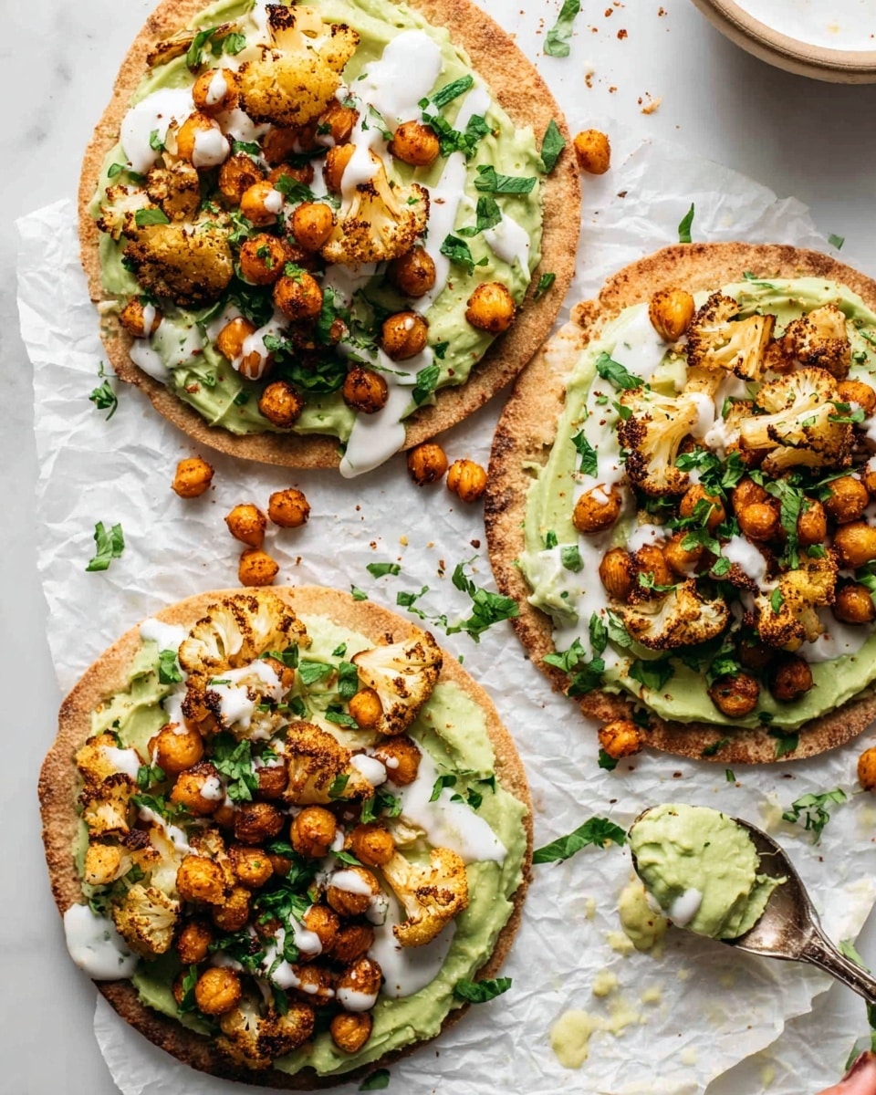 The image shows two small flatbreads on a white marbled surface, each topped with three main layers. The bottom layer is a creamy green spread, covering the flatbread base. On top of this is a mix of golden roasted chickpeas and browned cauliflower pieces scattered evenly. The final layer is a dollop of white sauce placed mostly in the center of each flatbread, with some sauce slightly dripping down. Small green herb bits are sprinkled all over the flatbreads and the surface around them. A partially visible spoon and a woman's hand holding one flatbread with a bite taken out of it appear in the background. Photo taken with an iphone --ar 4:5 --v 7