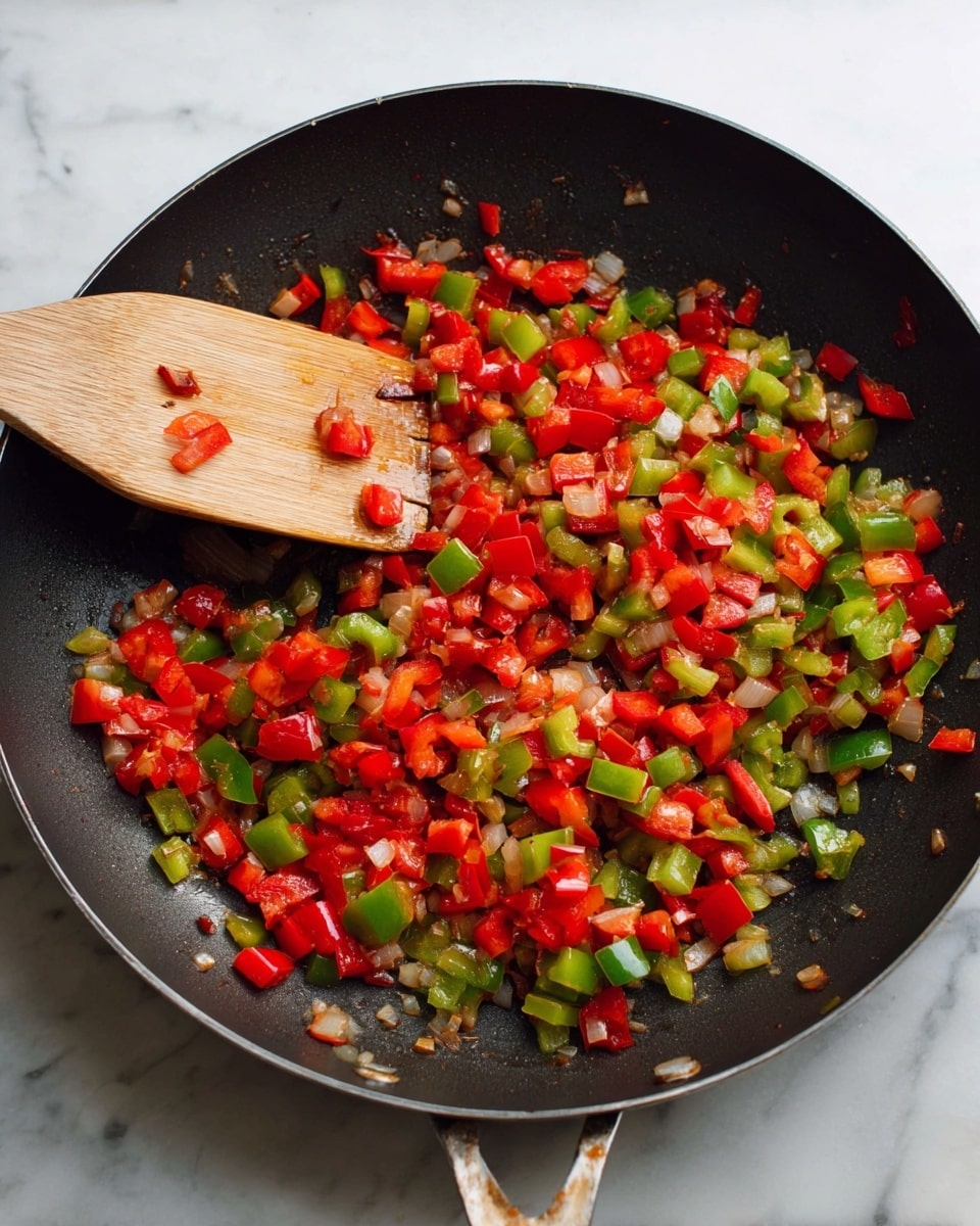A black frying pan filled with diced red and green bell peppers and small pieces of onion, all lightly cooked and mixed together. A wooden spatula is resting inside the pan, with some small bits of the vegetables on it. The pan is placed on a white marbled surface. photo taken with an iphone --ar 4:5 --v 7