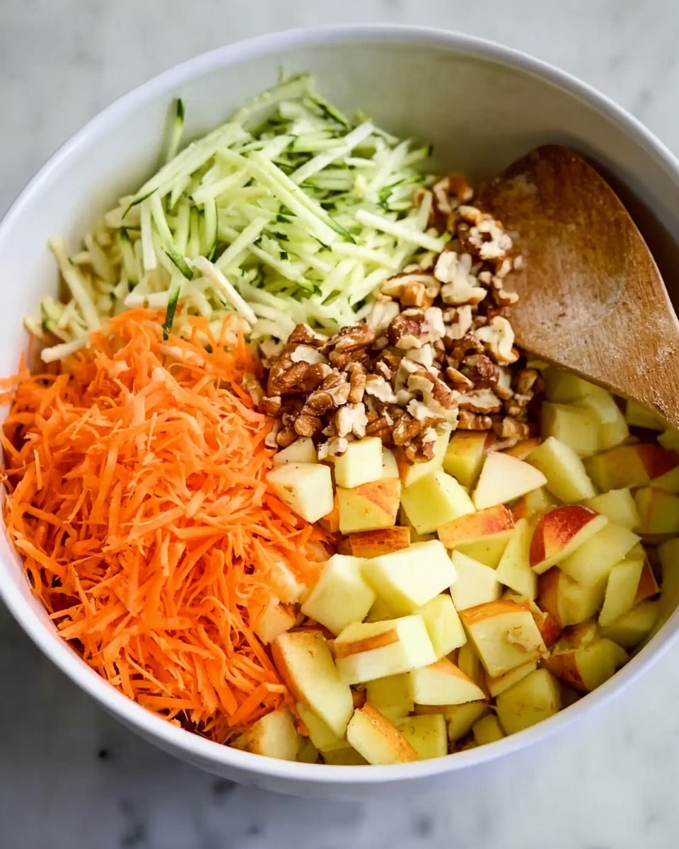 The image shows a white bowl filled with four different layers of ingredients piled side by side. At the front right layer, there are medium-sized pieces of light yellow apple chunks with a wooden spoon resting on them. To the front left, there is a thick layer of finely shredded bright orange carrots. Behind the carrots, there is a layer of shredded pale green cucumber strips. The last layer, behind the apple pieces, consists of small brown chopped nuts. The bowl sits on a white marbled surface. Photo taken with an iphone --ar 4:5 --v 7