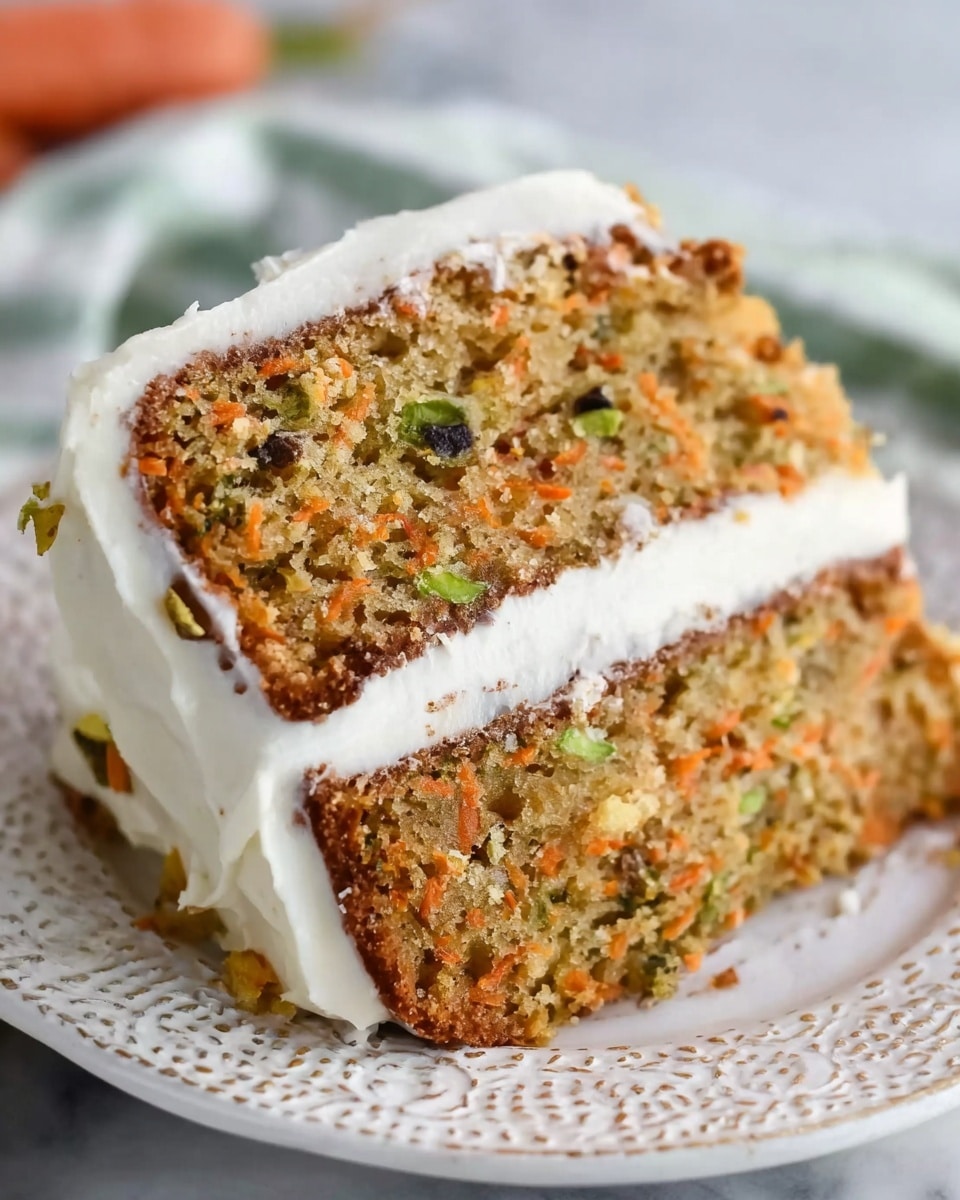 The image shows two slices of carrot cake stacked on a white patterned plate with a white marbled surface underneath. Each slice has three layers: the cake, which is light brown with visible orange carrot bits, green specks, and small dark pieces; a thin white creamy frosting layer in the middle; and a thicker white creamy frosting on the top and sides. The texture of the cake looks moist and soft, and the frosting is smooth and gently spread. photo taken with an iphone --ar 4:5 --v 7
