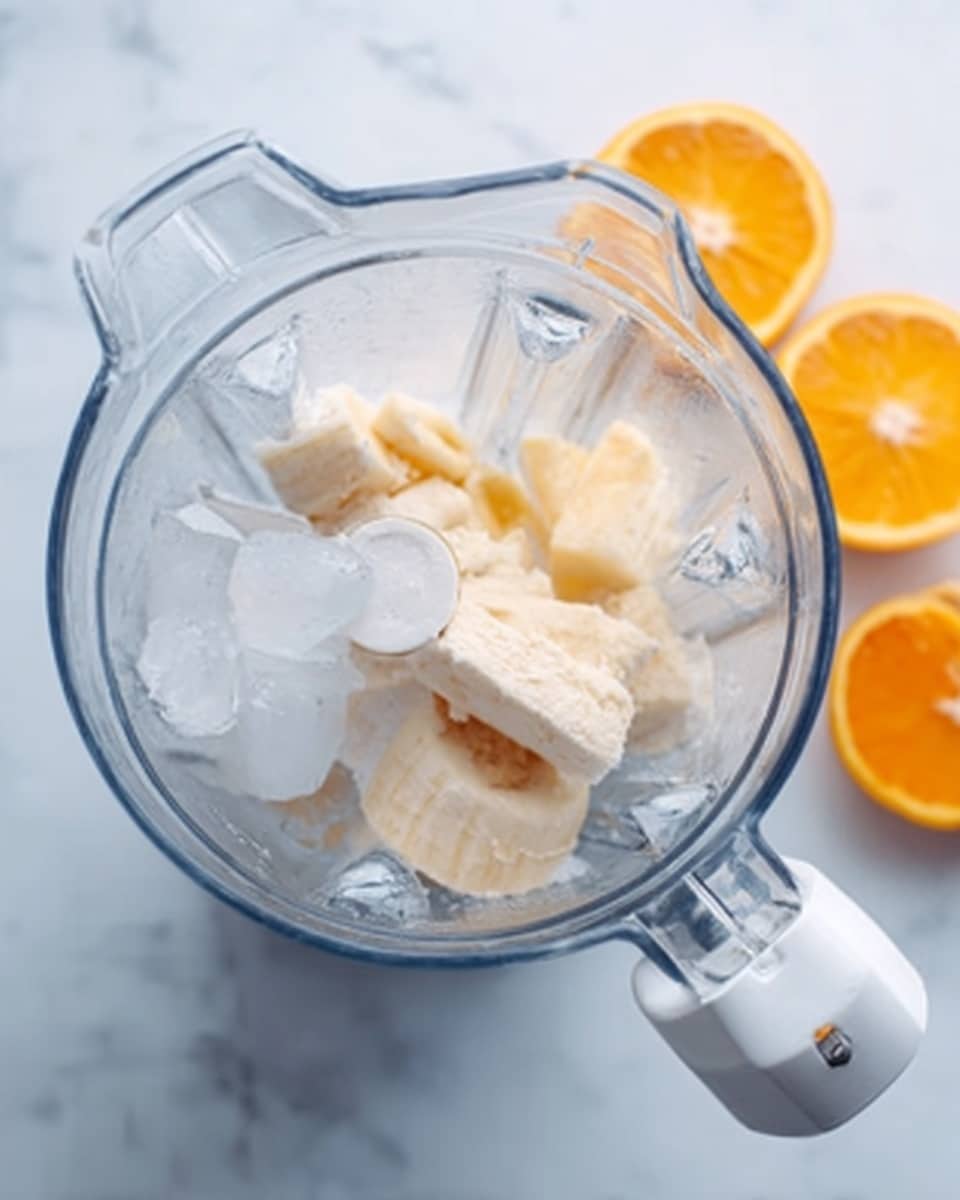 The image shows a clear blender cup filled with several ingredients including ice cubes, chunks of a creamy substance, and pieces that look white and soft at the bottom. The blender is placed on a white marbled surface with half orange slices in the top right corner. A white juicer with a silver part rests on the rim of the blender. The scene is bright and clean, with a fresh and cool vibe. photo taken with an iphone --ar 4:5 --v 7