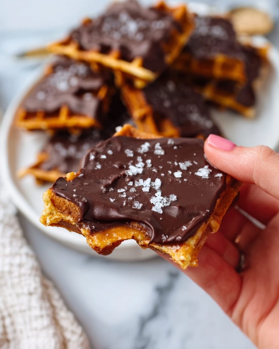 The image shows a woman's hand holding a piece of chocolate covered waffle topped with coarse salt. The waffle is golden with a crunchy texture, and the chocolate layer is thick, dark, and smooth. In the background on a white plate, more pieces of the chocolate-covered waffle are visible, arranged on a white marbled surface. Photo taken with an iphone --ar 4:5 --v 7