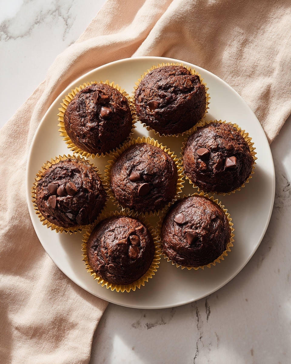 A white plate holds eight dark brown chocolate muffins arranged closely together. Each muffin is in a golden brown paper liner with crinkled edges, showing a slightly shiny, rough surface dotted with several dark chocolate chips scattered on top. The muffins have a textured top with small cracks and uneven rises. The plate sits on a white marbled texture surface with a soft beige cloth visible at the edge. Light falls softly from the top left, casting gentle shadows. photo taken with an iphone --ar 4:5 --v 7