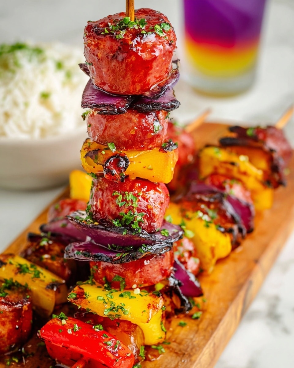 The image shows six metal skewers filled with layers of grilled sausage slices, red bell pepper pieces, yellow bell pepper pieces, and red onion chunks. The sausage slices are thick and coated with a shiny, dark red glaze. The peppers are bright with slight charring on the edges, and the onions are purple with grilled marks. The skewers are arranged in three rows over a wooden board, sprinkled with small bits of green parsley. The background surface is white marble. Photo taken with an iphone --ar 4:5 --v 7