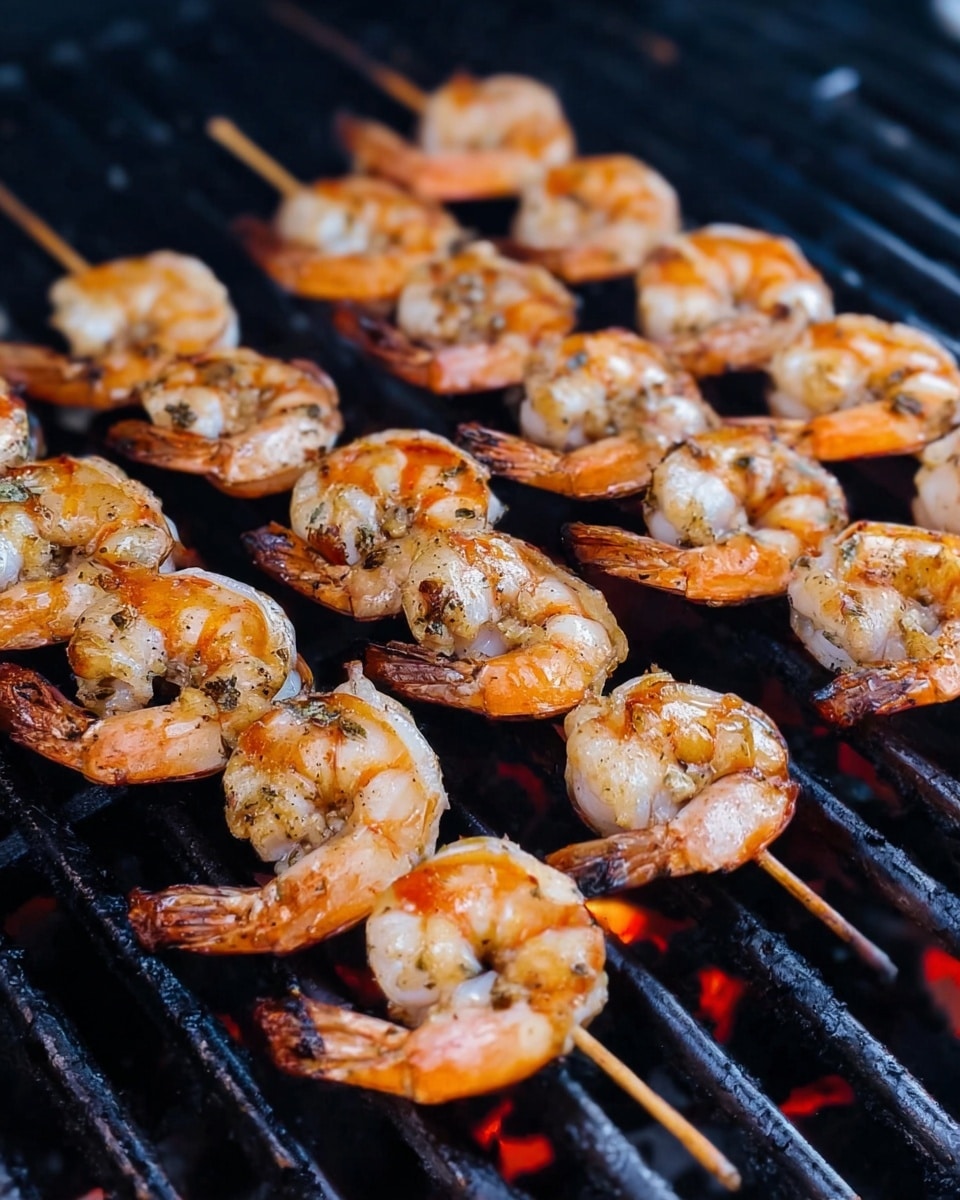 Multiple skewers of shrimp are being grilled over black metal grill bars, arranged in rows across the grill. Each skewer has several shrimp with orange-pink tails and white-pink bodies with light char marks and slight black grill spots. The background shows dark grill bars with faint red-hot coals visible beneath. The overall look is warm and savory, focusing on the grilled shrimp texture and color. Photo taken with an iphone --ar 4:5 --v 7