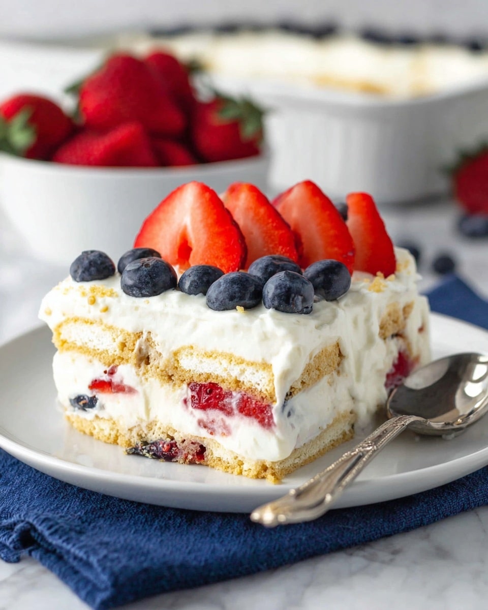 A square slice of layered dessert sits on a white plate with a shiny silver spoon next to it, placed on a blue cloth over a white marbled surface. The dessert has four main layers starting from the bottom: a layer of crushed golden cookies, a creamy white layer with small pieces of red strawberries, another golden cookie layer, and a thick fluffy white cream mixed with blueberries. On top, there are three sliced bright red strawberries fanned out and a small row of whole dark blue blueberries. In the background, there is a white bowl filled with red strawberries, slightly blurred. Photo taken with an iphone --ar 4:5 --v 7