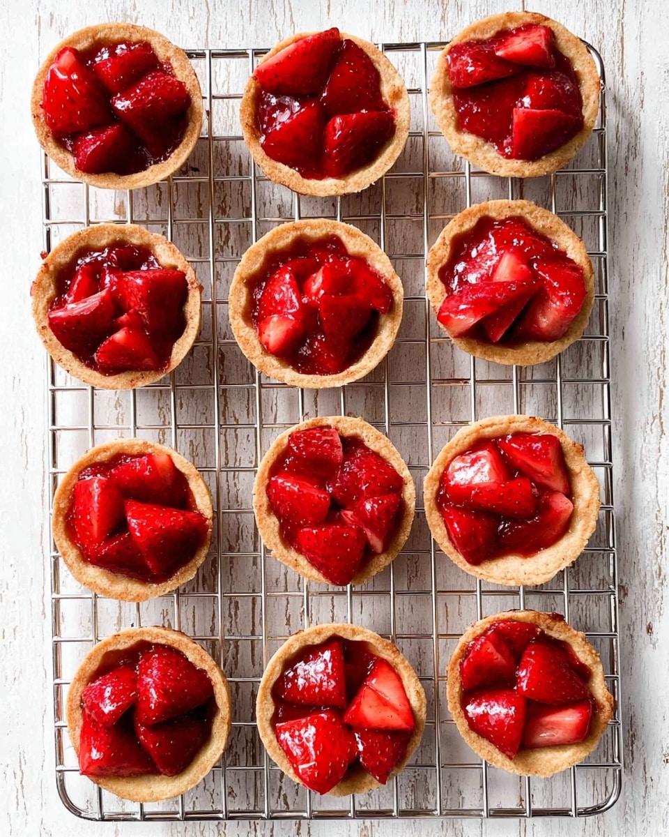 The image shows twelve small tartlets placed on a silver cooling rack over a white marbled surface. Each tartlet has a light golden brown crust forming a shallow round shell. Inside the crust, there is a layer of shiny bright red strawberry pieces that look fresh and slightly glossy. The strawberries are cut into chunks and fill the tartlets fully, creating a vibrant contrast of red over beige crust. The tartlets are arranged in an uneven grid pattern with some space between them, and the background is a rustic white wooden texture below the cooling rack. photo taken with an iphone --ar 4:5 --v 7