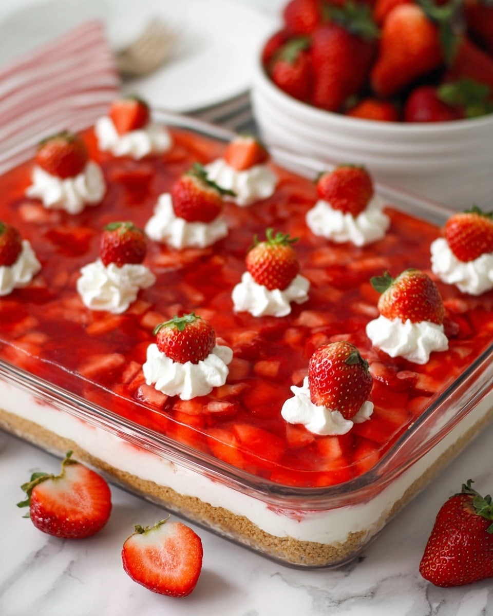 A three-layer strawberry dessert in a clear glass rectangular dish sits on a white marbled surface. The bottom layer is light brown and slightly crumbly, forming the crust. The middle layer consists of finely chopped strawberries covered in a shiny red gelatin layer. On top, there are evenly spaced dollops of white whipped cream, each topped with a halved fresh strawberry with green leaves. Around the dish, several whole and halved fresh strawberries are scattered for decoration. In the background, a white bowl filled with whole strawberries adds to the fresh look. Photo taken with an iphone --ar 4:5 --v 7