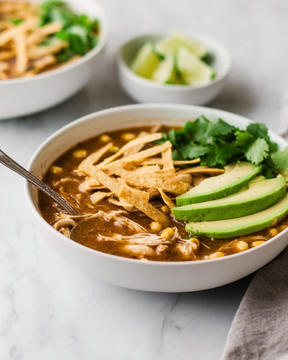 A white bowl filled with a layered brown soup containing shredded chicken, corn, and beans sits on a white marbled surface. On top of the soup, there are thin, crispy pale yellow strips arranged mostly on one side, with three bright green slices of avocado resting nearby. Fresh green cilantro leaves add a leafy texture beside the avocado. A silver spoon is partially inside the bowl, visible on the left side. In the background, there is a small white bowl with lime wedges, slightly blurred. Photo taken with an iphone --ar 4:5 --v 7