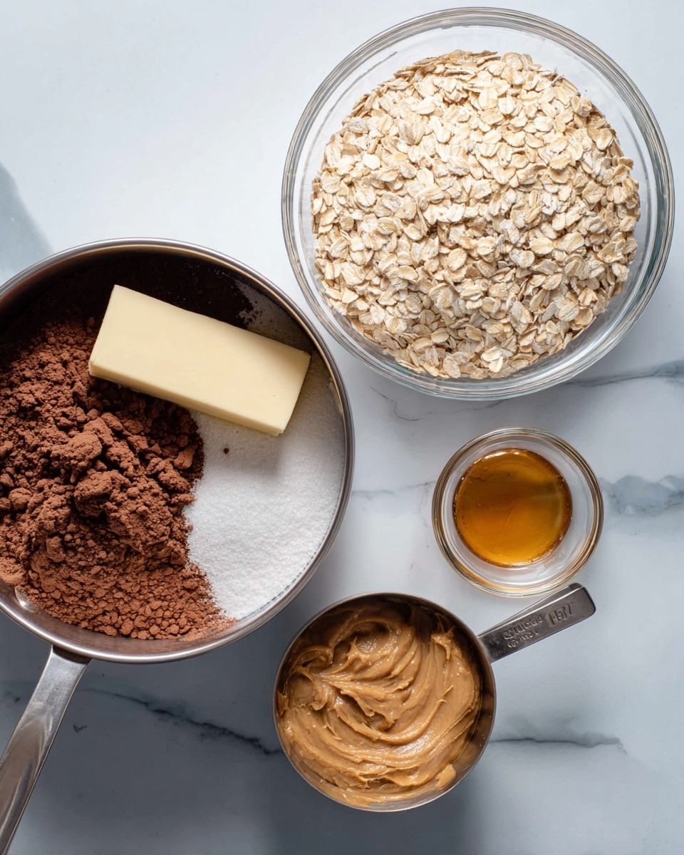 The image shows a cooking preparation scene on a white marbled surface with four main parts. On the bottom left, there is a metal pot filled with layers of dry cocoa powder (dark brown), a stick of pale yellow butter partially covered in cocoa, and a heap of white sugar at the bottom. To the top right, there is a clear glass bowl filled with light tan rolled oats, evenly piled up. Below the oats and to the right of the metal pot, there is a metal measuring cup filled with creamy light brown peanut butter and next to it a small clear glass cup with golden light brown vanilla extract. The arrangement is neat and clear with a focus on the different textures and colors of the ingredients, photo taken with an iphone --ar 4:5 --v 7