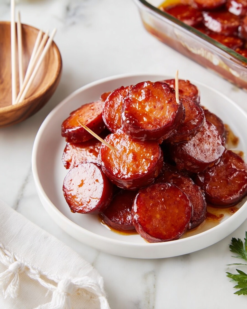 A white round plate shows a stack of glazed sausage slices layered about two to three deep, each slice a shiny reddish-brown color with a sticky texture. Some slices have wooden toothpicks stuck in them, and the plate sits on a white marbled surface next to a small wooden bowl filled with toothpicks and a white cloth napkin with tassels. Part of a glass baking dish with more sausage slices in a rich sauce is visible in the upper right corner. Photo taken with an iphone --ar 4:5 --v 7