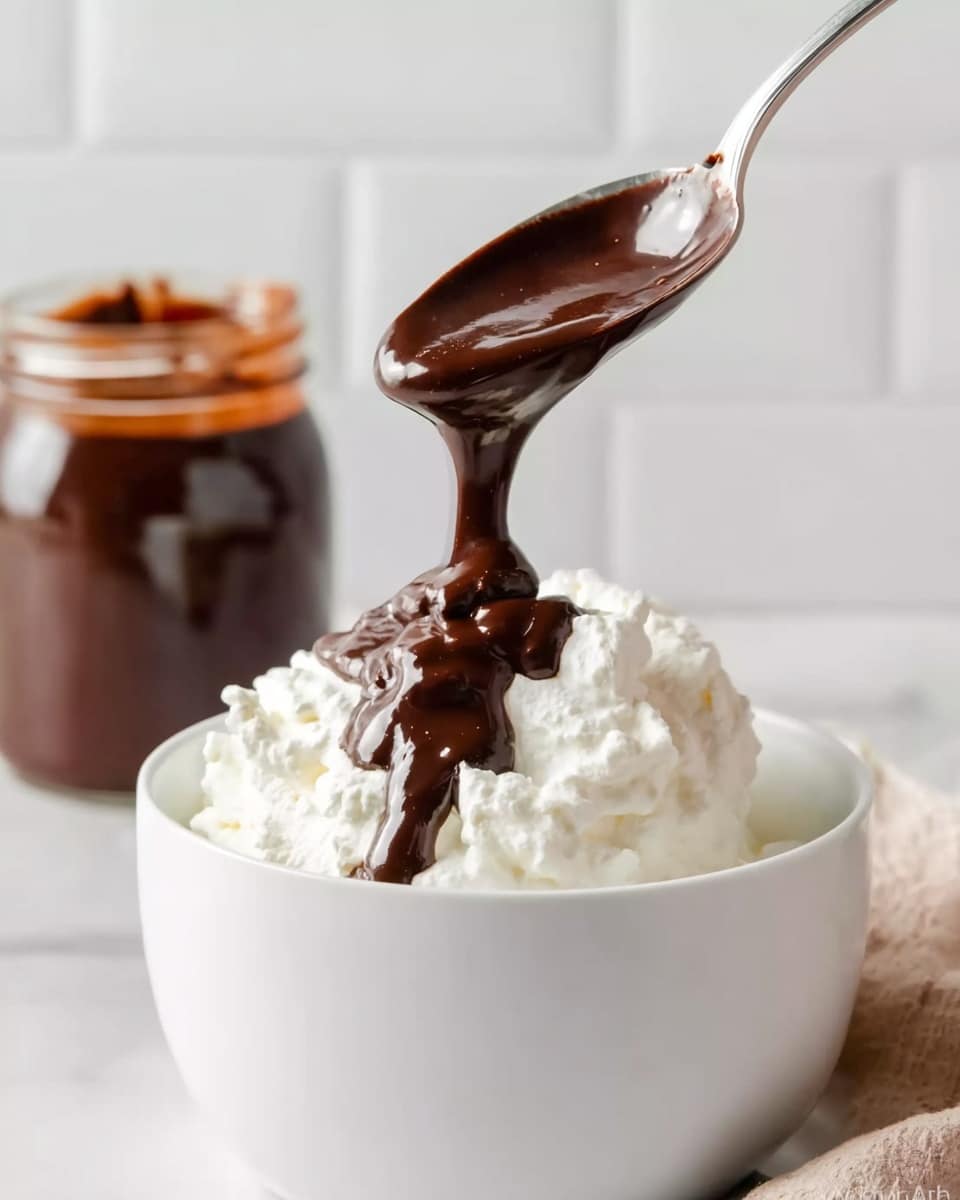 A white bowl filled with a large scoop of fluffy white whipped cream is shown. A spoon held by a woman's hand pours thick, smooth dark chocolate sauce over the whipped cream, the sauce slowly dripping down the sides. In the background, a glass jar of the same dark chocolate sauce is slightly out of focus, set against a white marbled surface and white tiled wall. The image captures the rich contrast between the creamy white whipped cream and the shiny dark chocolate sauce. photo taken with an iphone --ar 4:5 --v 7