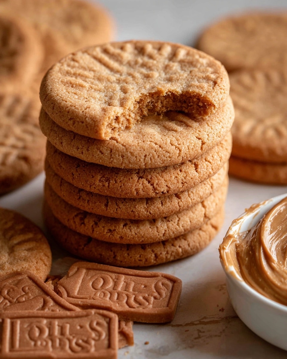 A stack of eight round light brown cookies is shown, each cookie has a cracked texture on top. The top cookie has a bite taken out, revealing a slightly darker inside. Around the stack, rectangular brown cookies with a pattern and the word