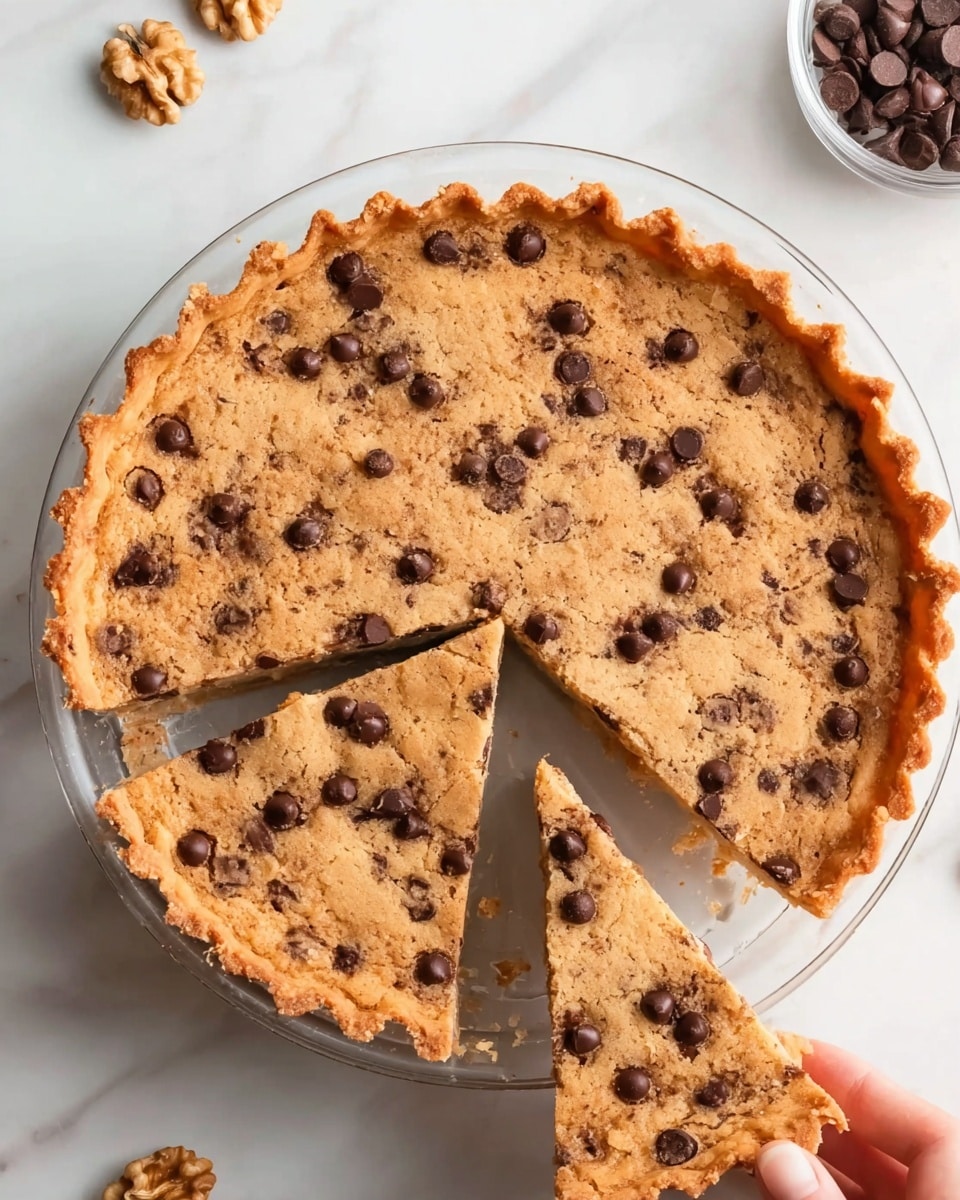 The image shows a round pie with a golden brown crust that has wavy edges all around. The top layer is light brown with many dark chocolate chips spread across the surface, with some chips slightly melted. Two slices are partially removed revealing the inside texture that looks soft and sandy with chocolate spots. The pie sits on a clear glass plate placed on a white marbled surface. Scattered cocoa beans and a walnut piece are near the plate, and a woman's hand is about to hold one of the pie slices. photo taken with an iphone --ar 4:5 --v 7