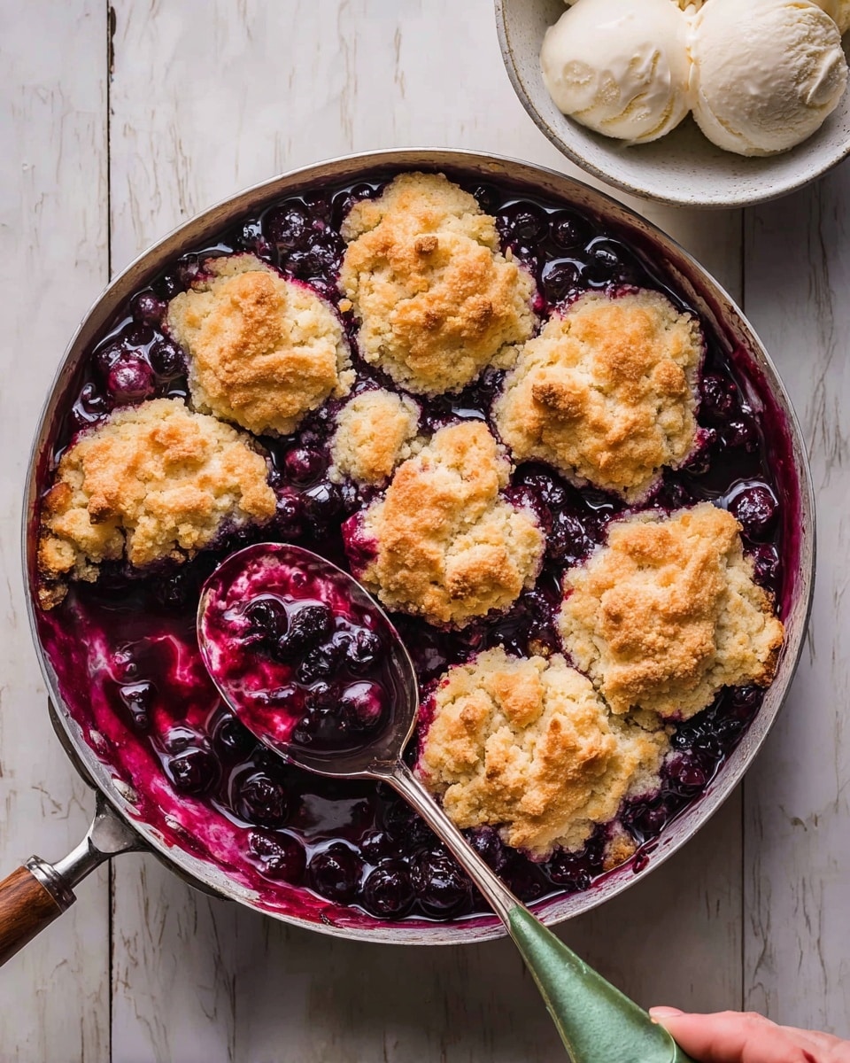 Blueberry Skillet Cobbler with Fluffy Biscuit Topping and Vanilla Ice Cream Recipe