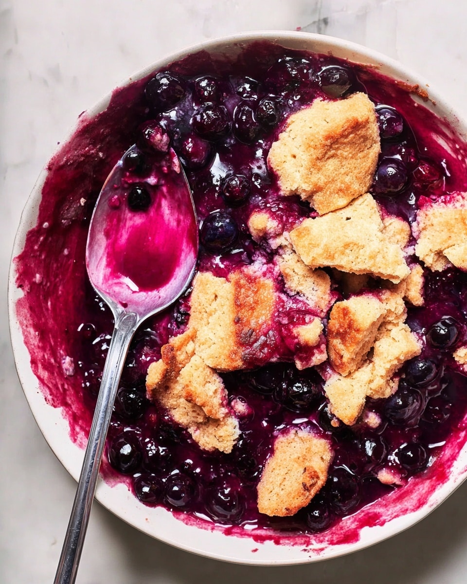 A white dish contains a deep purple blueberry filling with whole blueberries and thick syrup spread around. On top, there are uneven golden brown biscuit pieces with a crumbly texture, some soaked in the purple juice. A silver spoon with purple syrup on it rests inside the dish, and the dish is set on a white marbled surface. photo taken with an iphone --ar 4:5 --v 7