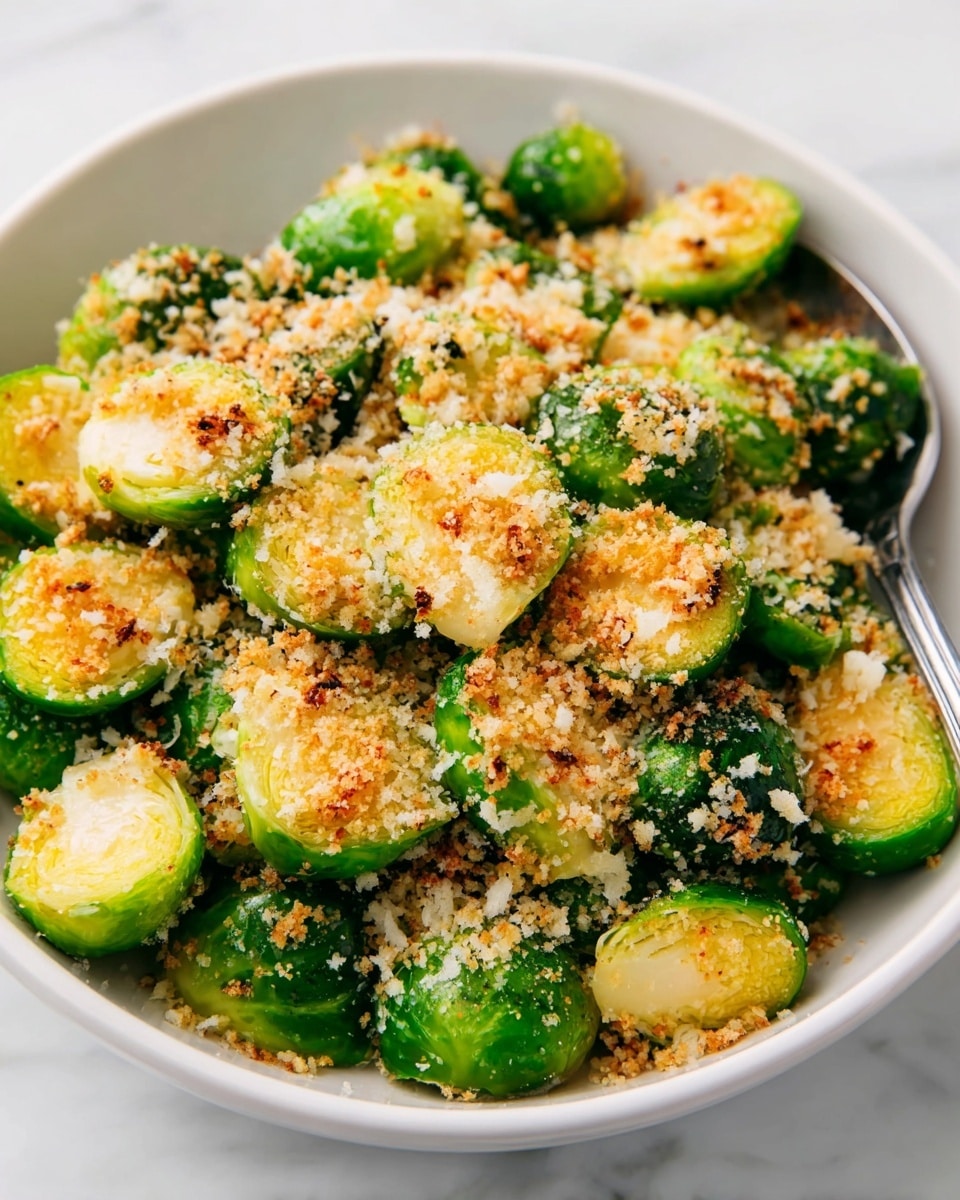 A white bowl filled with a pile of cooked Brussels sprouts, each cut in half showing bright green outer leaves and a soft yellowish interior. The Brussels sprouts are topped with a layer of golden toasted breadcrumbs and finely grated cheese, giving a light crispy texture and small browned spots. A metal spoon is partially visible on the right side inside the bowl. The bowl rests on a white marbled surface. photo taken with an iphone --ar 4:5 --v 7