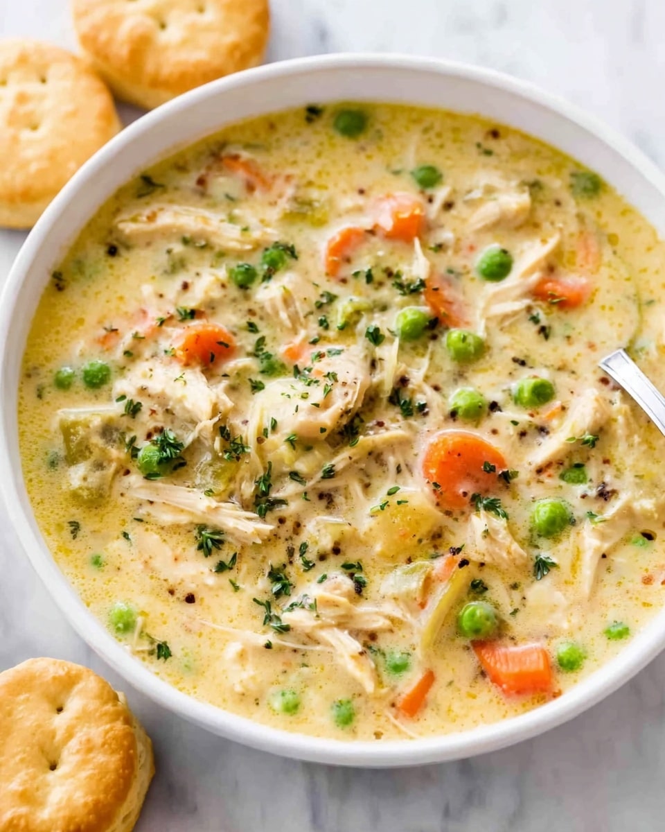 A close-up view of a white bowl filled with creamy chicken and vegetable soup. The soup has several layers starting with a thick, light yellow cream base. Floating in the soup are pieces of shredded light brown chicken, small round orange carrot slices, bright green peas, and bits of green herbs sprinkled on top. The texture looks smooth with visible chunks of vegetables and chicken spread evenly. The bowl is placed on a white marbled surface with two light golden biscuits sitting next to it. photo taken with an iphone --ar 4:5 --v 7