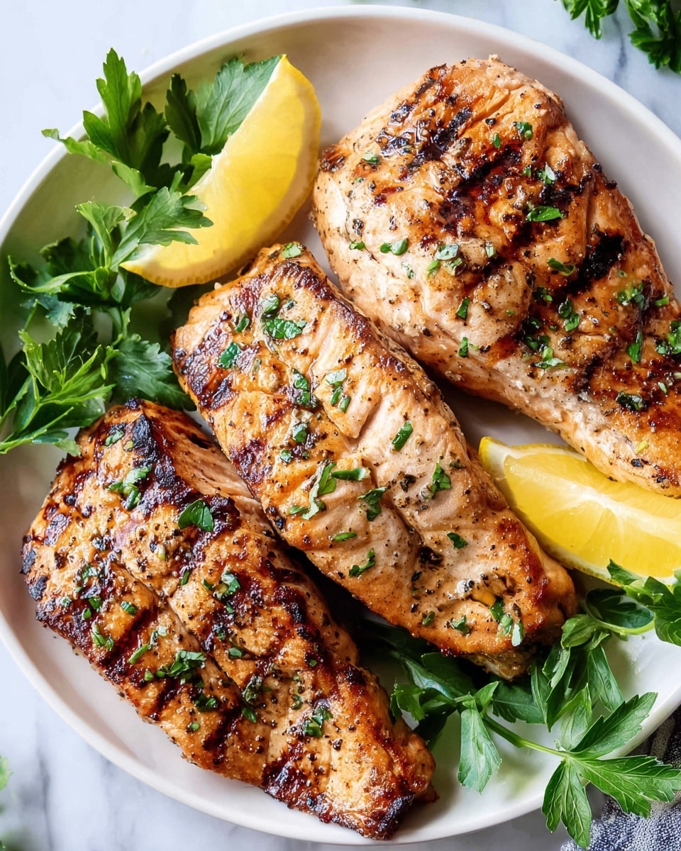 A white plate sits on a white marbled surface, holding two grilled chicken pieces with a light brown, slightly charred surface and small grill marks. One piece is whole, and the other is sliced into seven thick, white, juicy pieces arranged neatly in a row. Bright green chopped herbs are sprinkled over the chicken. Around the plate's edge are thick lemon wedges with pale yellow flesh. A silver fork rests near the sliced chicken, with some green herbs under it. Photo taken with an iphone --ar 4:5 --v 7