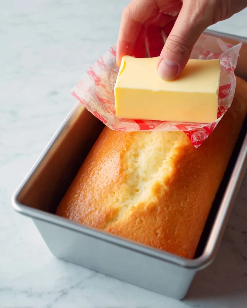 A golden brown loaf cake resting in a silver metal loaf pan placed on a white marbled surface. A woman's hand is holding a nearly square block of pale yellow butter partially wrapped in red-and-white paper, pressing it gently on top of the warm cake, causing slight melting and shine on the cake’s surface. The texture of the cake is smooth with small vents and a slight sheen from the softened butter. Photo taken with an iphone --ar 4:5 --v 7