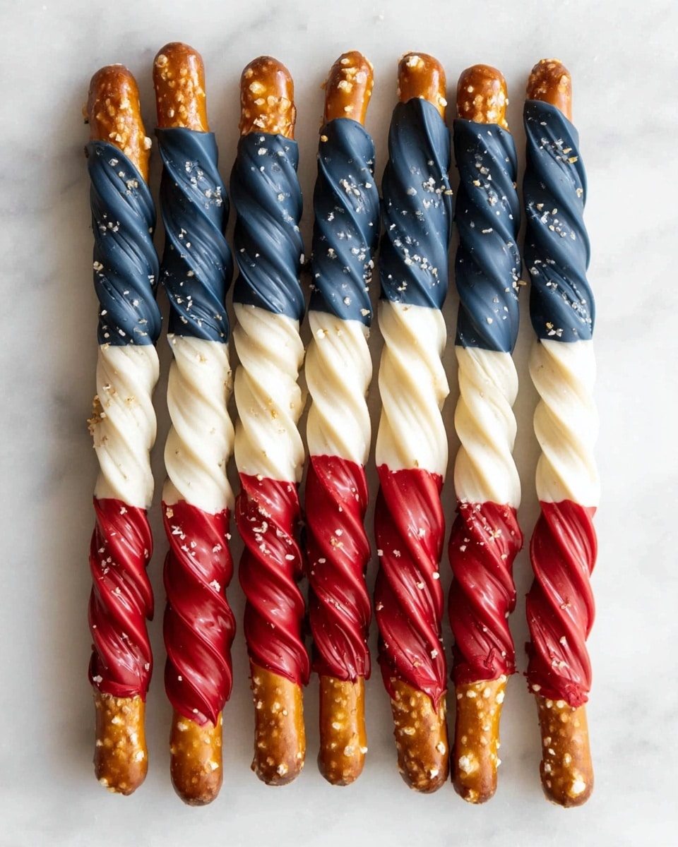 Six pretzel sticks lie side by side on a white marbled surface. Each stick is broken into three sections covered with different colored chocolate drizzle: the top third is dark blue with a thick, wavy texture, the middle third is white with a smooth swirl, and the bottom third is bright red with a twisted pattern. The plain pretzel ends are visible at the bottom, showing their golden-brown color with salt grains. The layers create a stacked, striped look from top to bottom. Photo taken with an iphone --ar 4:5 --v 7