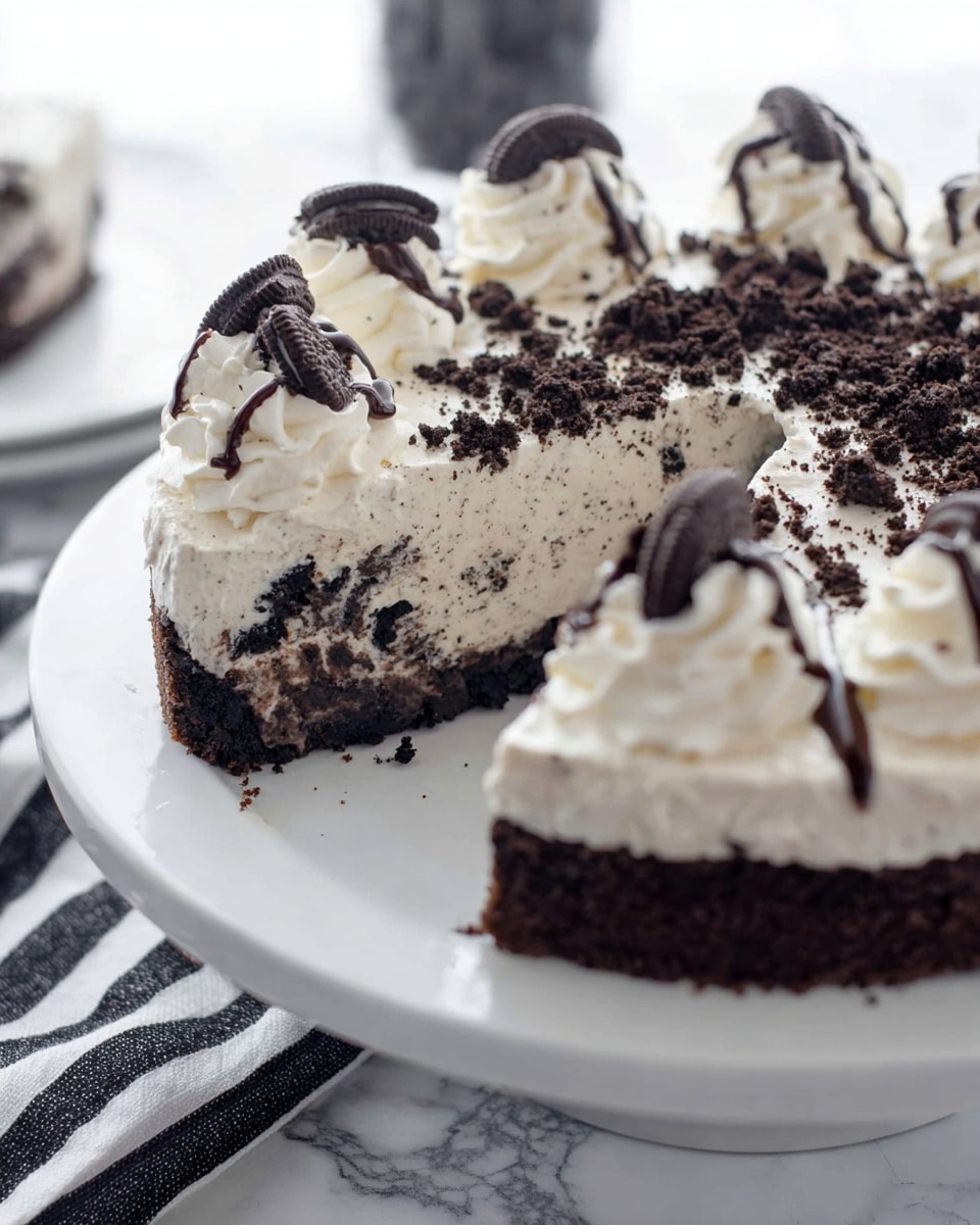 A white plate holds a cookies and cream pie with three main layers: a dark brown crumb crust at the bottom, a thick middle layer of white cream filled with crushed black cookie bits, and a top covered in more crushed cookies. Around the edge, there are dollops of white whipped cream evenly spaced, each topped with a drizzle of chocolate sauce and small cookie crumbs. The background features a white marbled surface with a black and white striped cloth beneath the plate. photo taken with an iphone --ar 4:5 --v 7