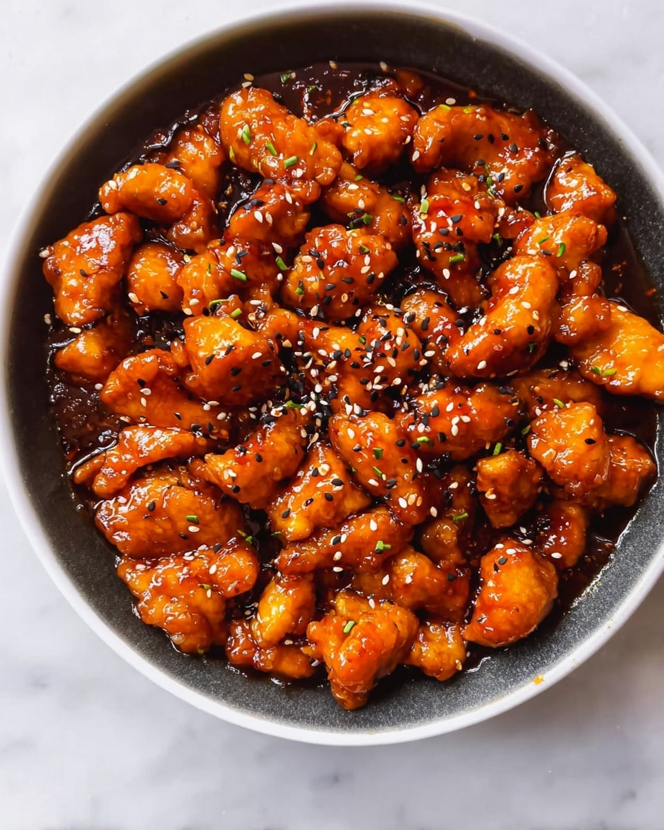 This image shows many small, golden brown pieces of glazed chicken in a white bowl, covered in shiny dark orange sauce. The chicken pieces are bent and irregular in shape, each coated evenly with the sticky sauce. The dish is sprinkled with white and black sesame seeds scattered on top, adding texture and visual contrast. The bowl is placed on a white marbled surface. Photo taken with an iphone --ar 4:5 --v 7