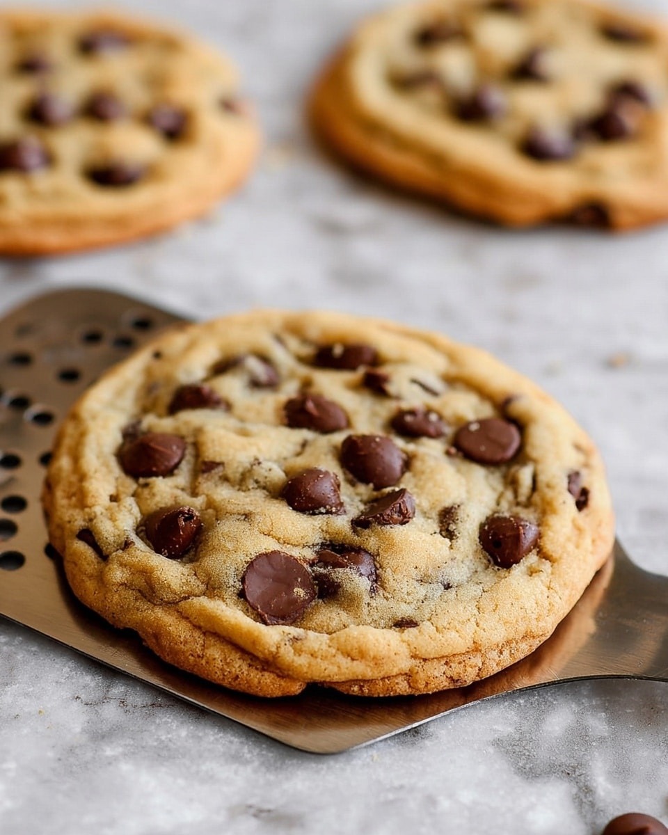 A close-up of a golden brown chocolate chip cookie with a soft texture and round chocolate chips spread across the top; the cookie is resting on a metal spatula with small holes, placed on a white marbled surface with two more cookies slightly blurred in the background, showing their crispy edges and similar chocolate chip topping, all under soft natural light photo taken with an iphone --ar 4:5 --v 7