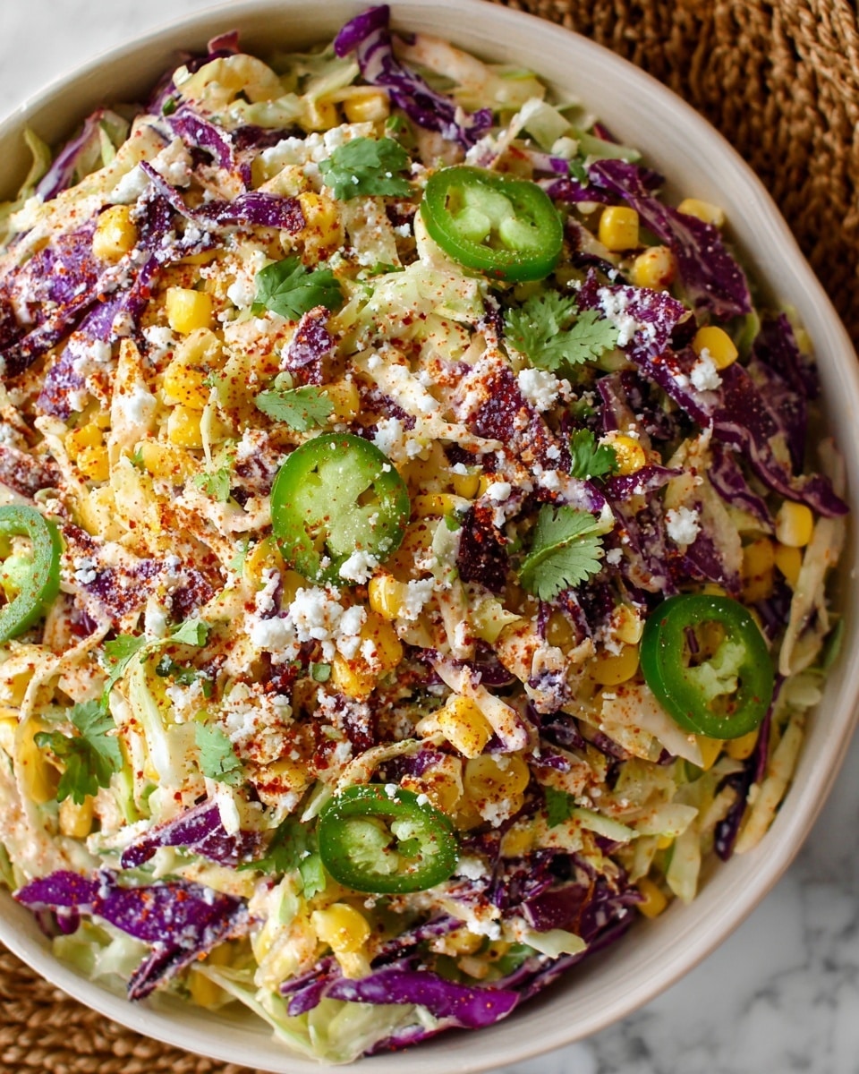 A close-up of a white bowl filled with a colorful salad showing layers of shredded white cabbage mixed with thin strips of purple cabbage, bright yellow corn kernels, and sliced green jalapeño peppers. The top layer is sprinkled with a light dusting of white cheese crumbles and a reddish spice powder, with small green cilantro leaves scattered throughout. The salad has a fresh and textured look with a mix of soft and crunchy vegetables on a rustic woven brown mat surface that contrasts with the white marbled texture background. photo taken with an iphone --ar 4:5 --v 7