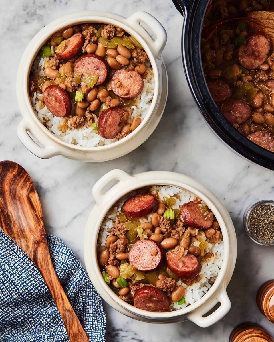Two white bowls with handles each have two layers: the bottom layer is white rice, and on top is a mix of brown pinto beans, slices of reddish sausage, and ground meat with small green vegetable bits. The bowls are placed on a white marbled surface. To the left, there is a wooden spoon on a blue and white cloth, and to the right, there are salt and pepper shakers. A part of a black pot with the same bean and meat mix is visible in the top right corner. Photo taken with an iphone --ar 4:5 --v 7