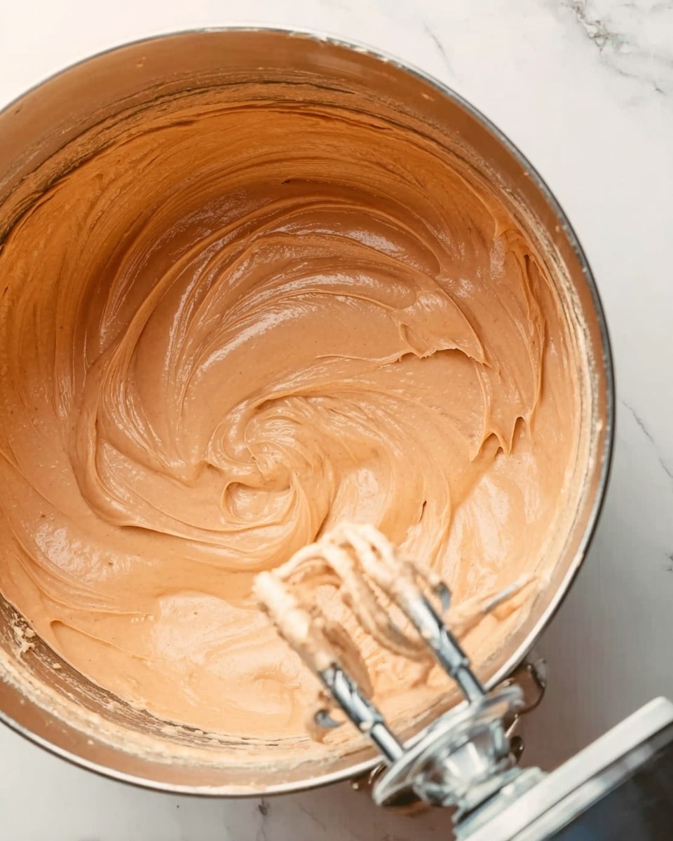 A close-up view of a shiny metal mixing bowl filled with light brown, smooth batter being mixed by a hand mixer with two beaters partially submerged in the batter. The batter has soft swirls and a creamy texture inside the bowl. The background shows a white marbled surface with soft natural light. photo taken with an iphone --ar 4:5 --v 7