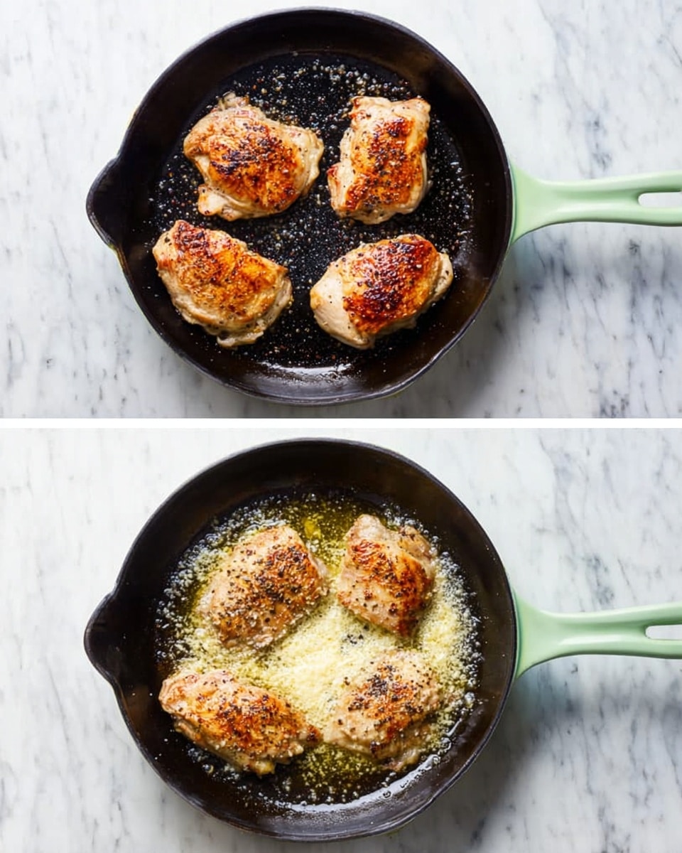 The image shows a black cast iron pan with a light green handle on a white marbled surface. In the first part of the image, the pan holds four golden-brown cooked chicken pieces, each with a slightly crispy texture and grills marks, arranged evenly across the pan. The chicken pieces have a light sprinkling of black pepper. In the second part, the pan contains melted butter with white flour sprinkled on top, starting to mix and bubble in the center, with some golden brown bits around the edges where the chicken cooked. The pan and surface stay the same in both parts. Photo taken with an iphone --ar 4:5 --v 7