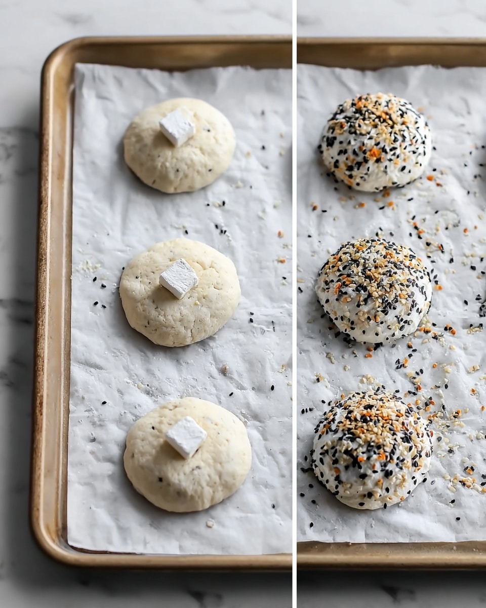 The first image shows six small flat rounds of dough on a baking tray lined with white parchment paper on a white marbled surface. Each dough round is pale and lightly textured with a small white cube placed in the center. The second image shows the same six dough rounds now shaped into small rounded balls, covered evenly in a creamy white layer, sprinkled generously with black, white, and orange seeds and spices all over the tops and sides. The baking tray and parchment paper remain the same, and the background is a white marbled surface. photo taken with an iphone --ar 4:5 --v 7