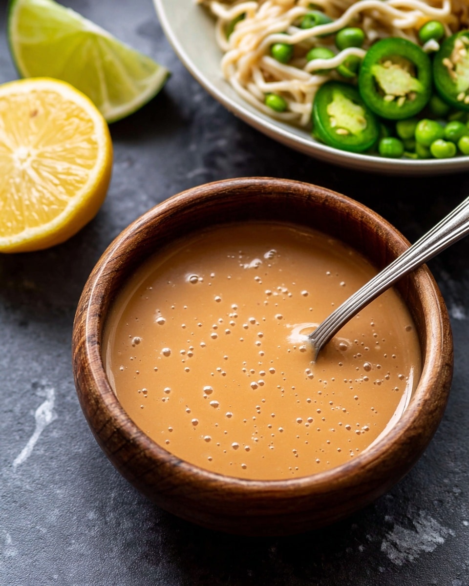 A close-up view of a small wooden bowl filled with smooth, creamy, light brown sauce with small bubbles on the surface. A silver spoon is dipped in the sauce, resting on the left side inside the bowl. Near the bowl, on a dark surface, there is a squeezed half of a yellow lemon and a white bowl holding noodles, sliced jalapeños, green peas, and a lime wedge. The background is a white marbled texture photo taken with an iphone --ar 4:5 --v 7