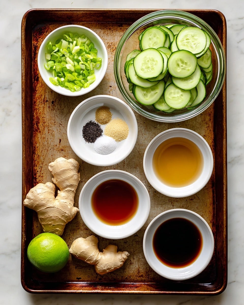 The image shows a large rusty baking tray on a white marbled surface holding several white bowls and fresh ingredients. In the top right corner, there is a clear glass bowl filled with thin round green cucumber slices stacked loosely. To the top left, a white bowl contains chopped light green scallions piled up. Below it, another white bowl has four small piles of different seasonings with contrasting colors: white, black, beige, and light brown. At the bottom left of the tray, two knobby pieces of fresh ginger and a whole green lime sit near the edge. On the right side, four white bowls are arranged in a grid; three of them contain amber to dark brown liquid sauces with clear textures, and one bowl in the bottom right holds a light, clear liquid. The overall scene is bright and neatly organized. Photo taken with an iphone --ar 4:5 --v 7