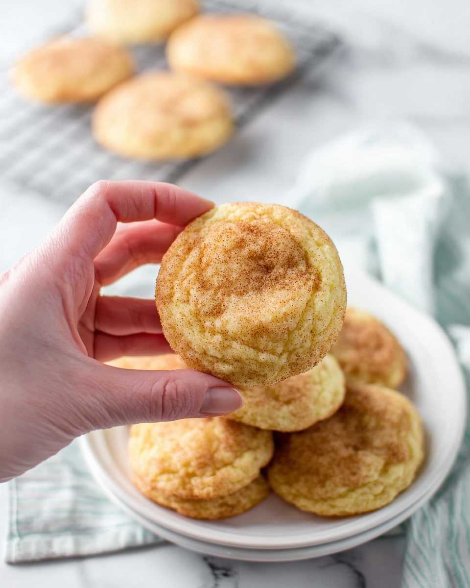 A woman's hand is holding a round, soft cookie sprinkled with light brown cinnamon sugar on top. Below, there is a white plate filled with more cookies of the same kind, showing a golden-brown and slightly uneven texture. In the background, there is a cooling rack with two more cookies placed on it. All of this is set on a white marbled surface with a hint of a light blue and white striped cloth near the plate. photo taken with an iphone --ar 4:5 --v 7
