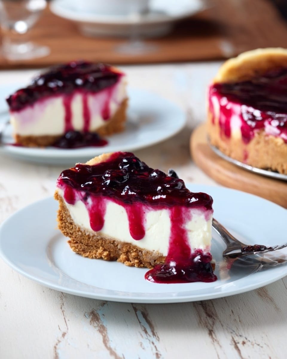 The image shows two white plates, each with one slice of berry cheesecake placed on a wooden table with a white marbled texture. Each cheesecake slice has three distinct layers: a light brown crumbly base at the bottom, a thick creamy white middle layer, and a glossy deep red berry topping that drips slightly down the sides. The berry topping has visible pieces of dark berries adding texture. A silver fork rests near each plate, and in the background, there is a blurred white marbled table holding the remaining cheesecake. Photo taken with an iphone --ar 4:5 --v 7
