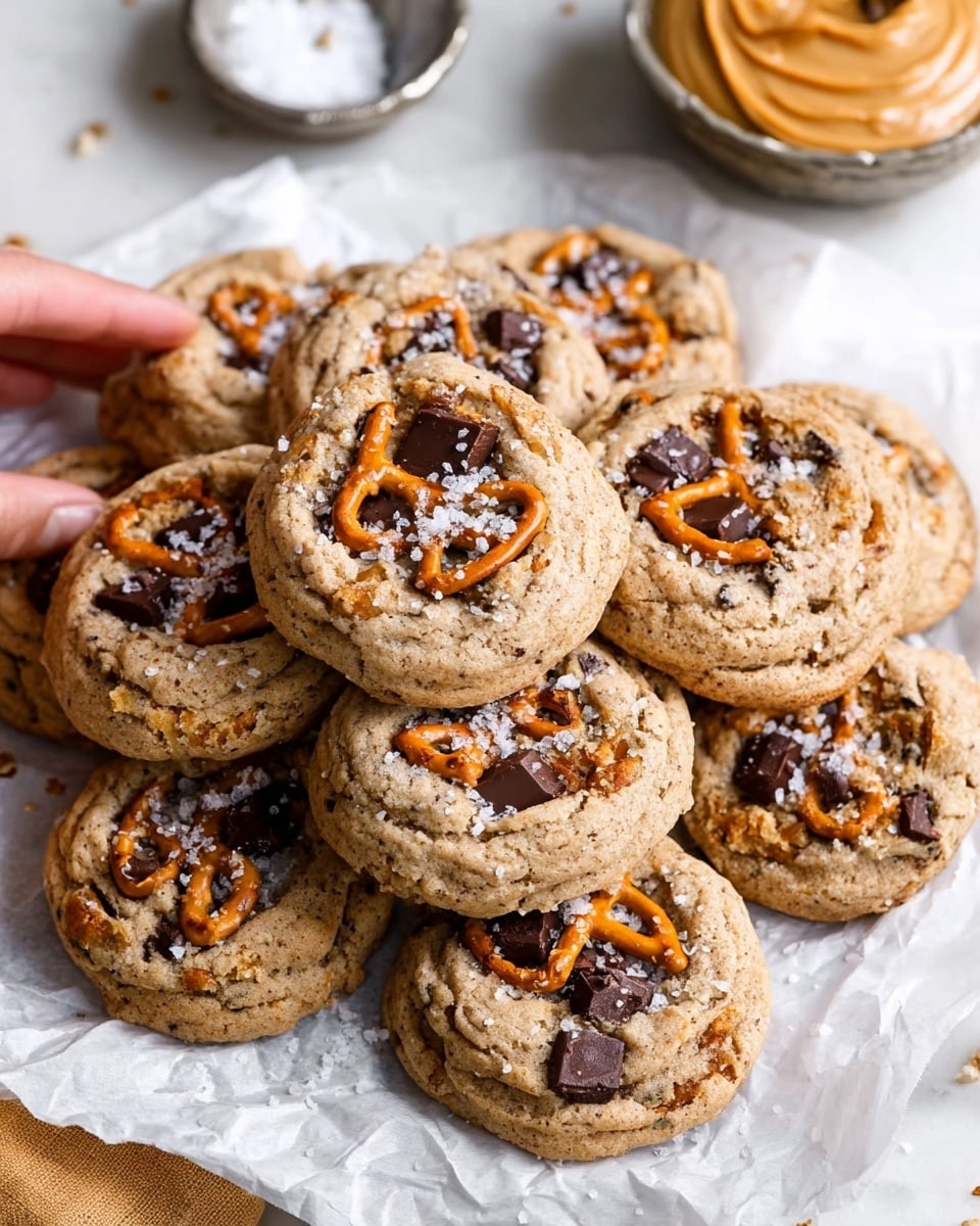 The image shows several round cookies on a white marbled surface. Each cookie has a light brown base with a slightly cracked texture, filled with dark brown chocolate chunks. On top of the cookies are broken pieces of orange-brown pretzel scattered unevenly, along with small white flakes of salt sprinkled over them. Around the cookies, there are a few loose chocolate chunks and broken pretzel pieces also on the white marbled texture. In the top left corner, there is a white bowl filled with coarse white salt. The overall look is close up, highlighting the rough textures and contrast between the cookie, chocolate, pretzel, and salt. photo taken with an iphone --ar 4:5 --v 7