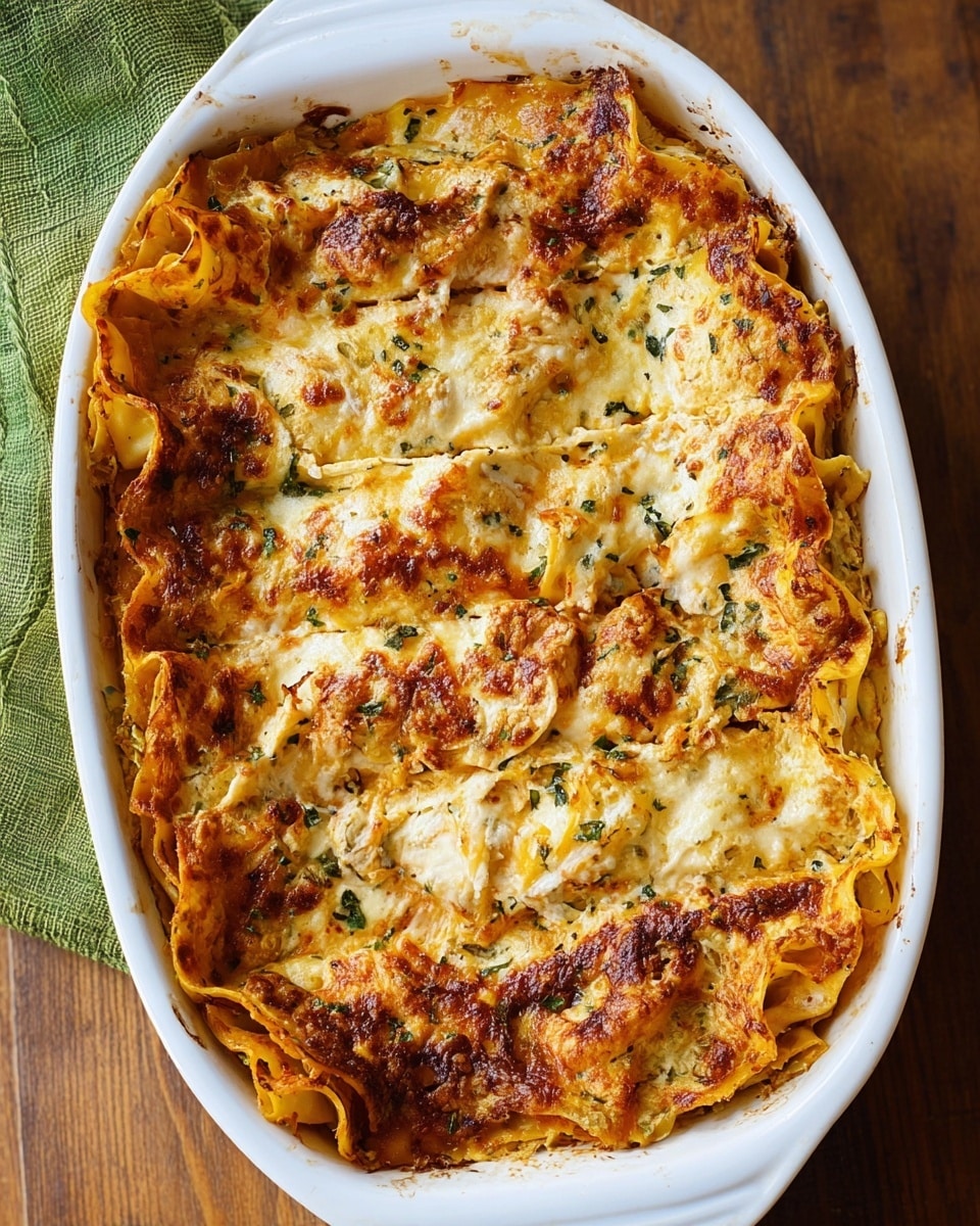 This image shows a white oval dish filled with baked layered lasagna. The dish has around six visible layers of lasagna noodles, with a mix of creamy yellow cheese and slightly browned sauce in between. The top surface is golden brown with a bit of bubbling and spots of darker brown baked cheese. The edges of the noodles are curled up and soft with some visible green herbs. The dish rests on a wooden surface with a green cloth partially visible at the top left corner. photo taken with an iphone --ar 4:5 --v 7