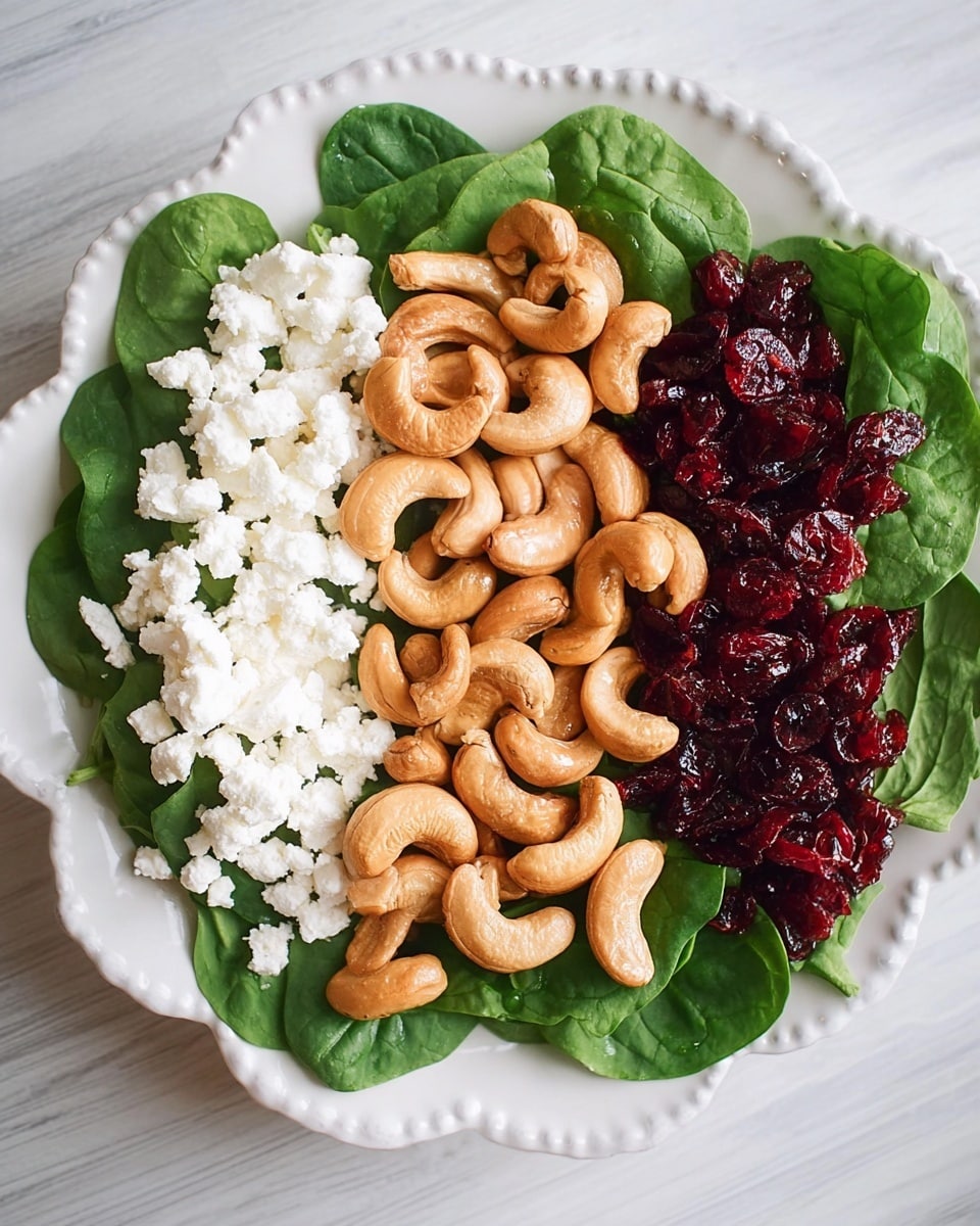 The image shows a white scalloped plate filled with a salad arranged in three clear horizontal layers on a bed of fresh spinach leaves. The bottom layer is made up of whole cashew nuts, light brown and shiny, placed in the middle section of the plate. To the left of the cashews is a layer of soft, white cottage cheese with a crumbly texture. On the right side, next to the cashews, there is a layer of dark red dried cranberries, adding a glossy and slightly wrinkled look. The plate sits on a white marbled surface, enhancing the fresh and natural colors of the ingredients. Photo taken with an iphone --ar 4:5 --v 7