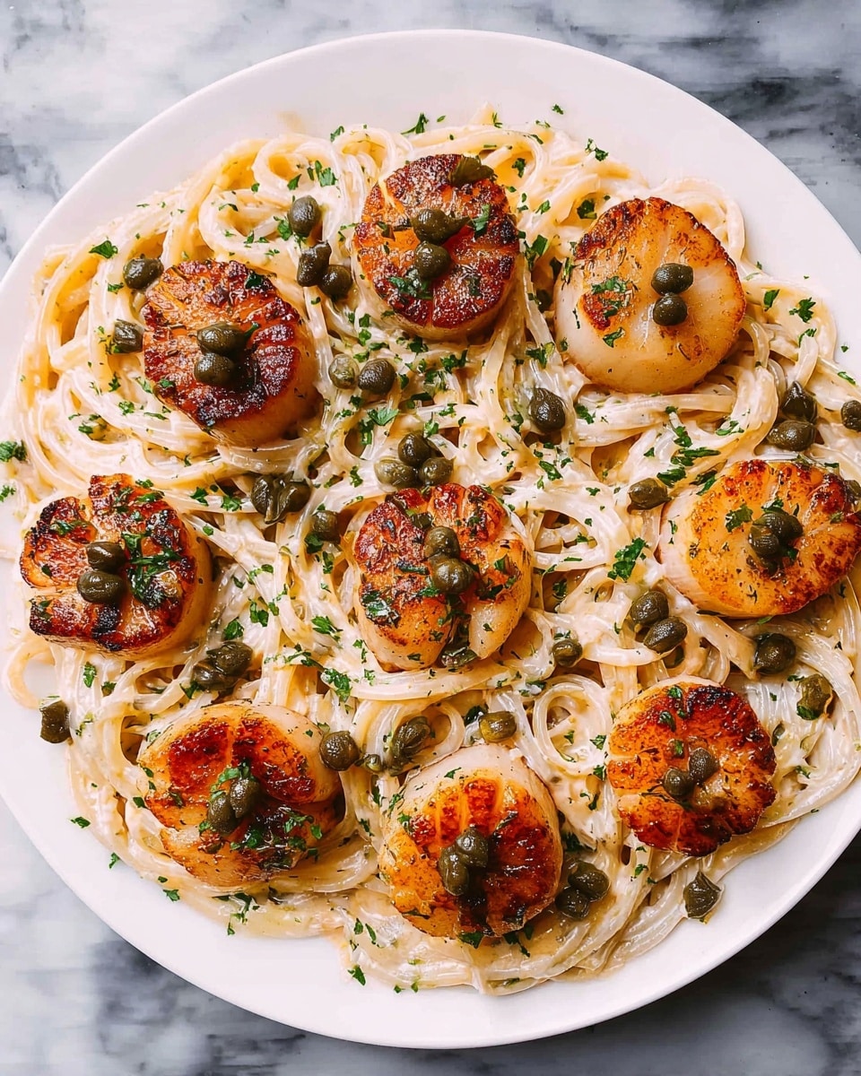 A close-up view of a skillet filled with creamy white sauce pasta topped with golden brown seared scallops evenly spaced on the surface, each scallop garnished with small dark green capers. The pale yellow spaghetti noodles are mixed into the smooth sauce, with tiny green parsley flakes sprinkled all over. The white marbled background and the pan’s shiny metal rim create a clean, fresh look. photo taken with an iphone --ar 4:5 --v 7