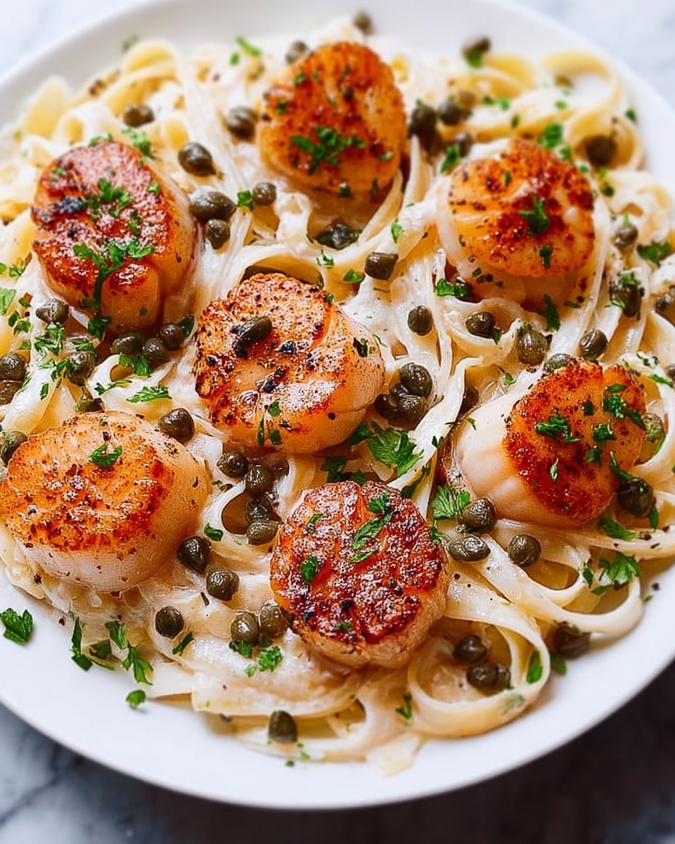 A white plate holds a dish with a base layer of creamy, light beige spaghetti noodles mixed with small green herbs. On top are nine golden brown scallops evenly placed, each garnished with small dark green capers and sprinkled with finely chopped green parsley. The spaghetti has a smooth, creamy texture with some herbs scattered throughout, while the scallops have a seared, slightly crispy surface. The background is a white marbled texture. Photo taken with an iphone --ar 4:5 --v 7