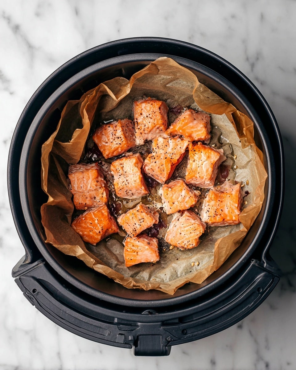 The image shows a round black air fryer basket lined with crumpled brown parchment paper. Inside, there are several small, cooked salmon cubes that are pink-orange with light sear marks and a slightly shiny surface. The salmon pieces are spread evenly across the parchment with some black pepper sprinkled on top. The air fryer sits on a white marbled surface. photo taken with an iphone --ar 4:5 --v 7