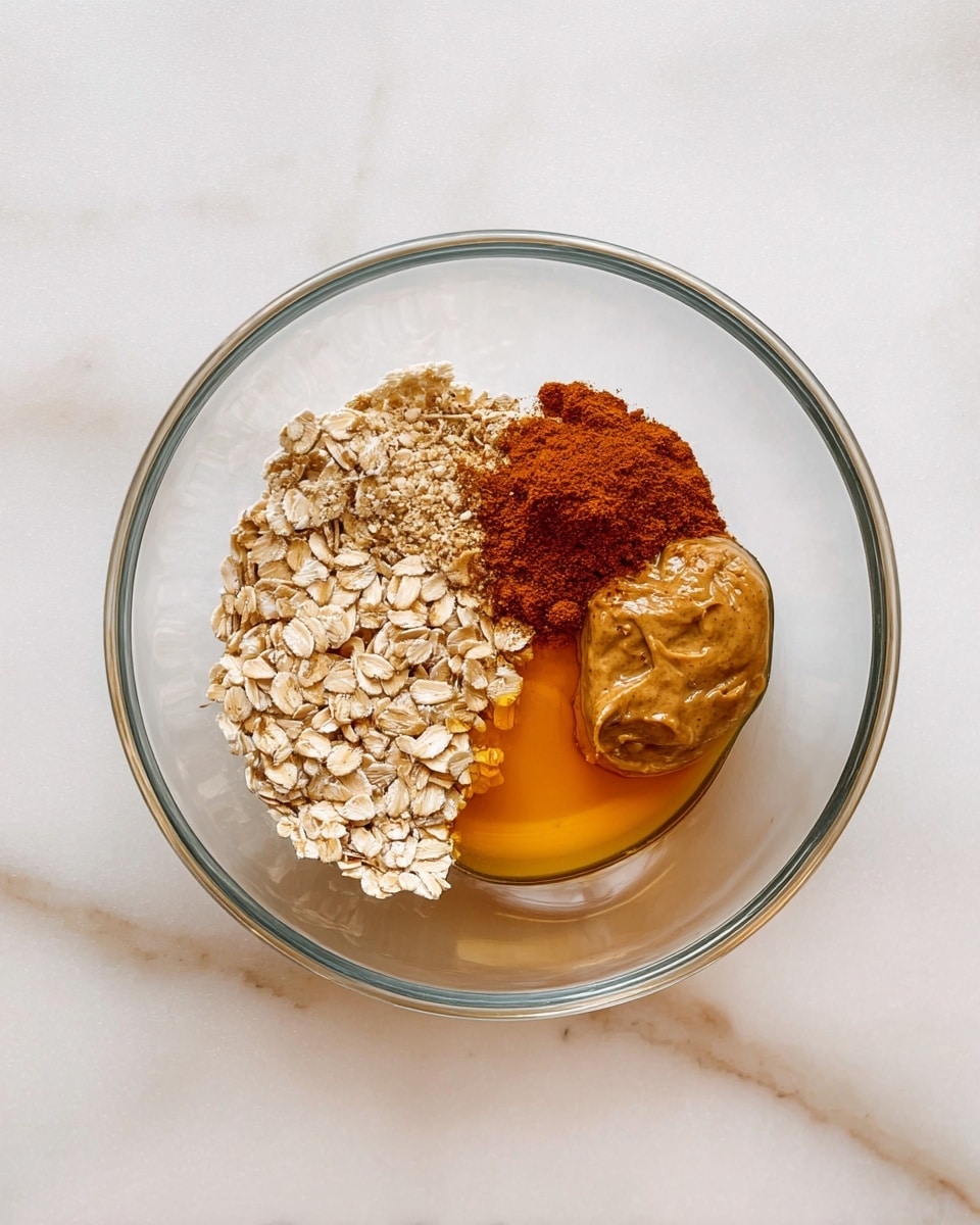 A clear glass bowl sits on a white marbled surface, containing four distinct ingredient layers arranged side by side. The first layer is light brown rolled oats with a slightly rough texture. Next to it on the left is a small pile of cinnamon powder, warm brown and fine. To the right of the oats is a bright amber liquid that looks like honey or syrup with a smooth, shiny surface. The last layer, on the far right, is creamy brown almond butter with a thick, smooth texture that slightly covers the oats. The clear glass bowl allows full view of the ingredients from the top photo taken with an iphone --ar 4:5 --v 7
