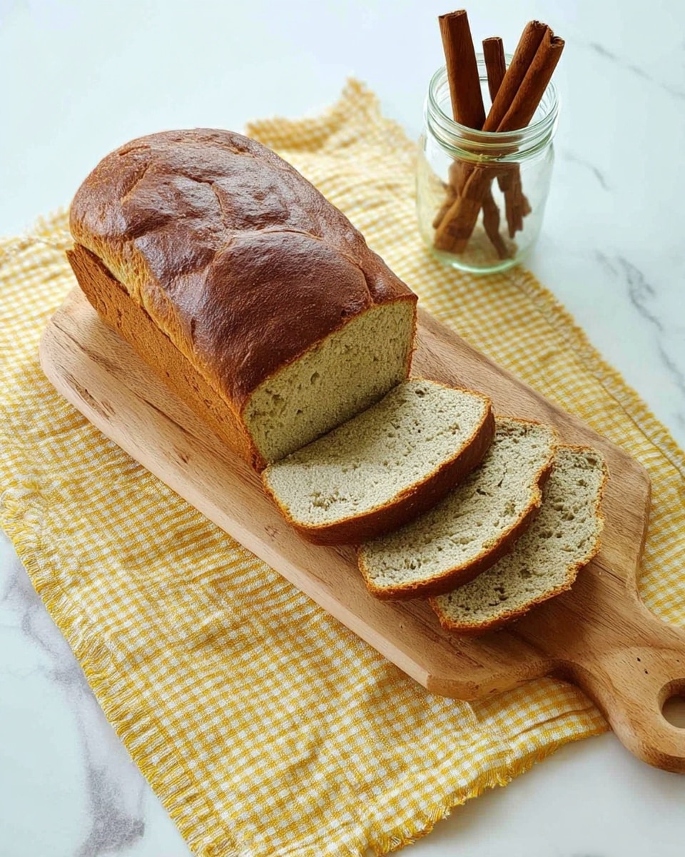 A loaf of bread with a golden brown crust sits on a wooden board with a handle. Four slices are cut off and laid flat beside the loaf, showing a soft, light green interior with a slightly coarse texture. The board is placed on a yellow and white checkered cloth on a white marbled surface. Behind the board, there is a small clear jar holding three cinnamon sticks standing upright. Photo taken with an iphone --ar 4:5 --v 7