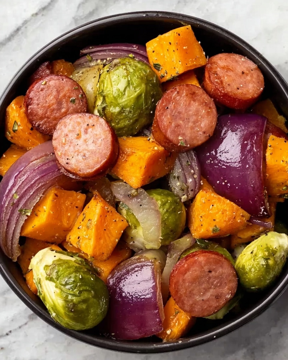 A black bowl filled with cooked sausage slices, bright orange sweet potato cubes, green Brussels sprouts, and purple onion wedges. The sausage slices are round, reddish-brown, and placed among the other vegetables. The sweet potato cubes are soft, with slightly browned edges. The Brussels sprouts are whole and cooked, with a slightly shiny surface. The purple onions are cut into thick wedges, showing layers with a slightly soft texture. The bowl sits on a white marbled surface. photo taken with an iphone --ar 4:5 --v 7
