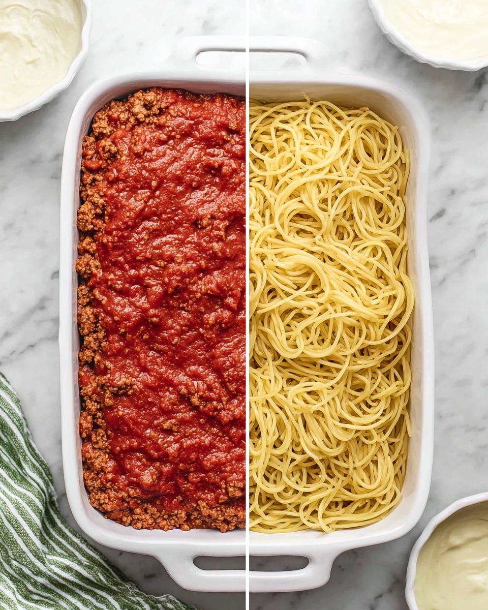 The image shows a white rectangular casserole dish on a white marbled surface. The left side features one layer of thick, red tomato sauce mixed with small bits of ground meat, evenly spread at the bottom of the dish. On the right side, the same white casserole dish contains one layer of cooked spaghetti noodles, light yellow in color, loosely placed and filling the dish. Around the casserole dishes are white bowls with more sauce and creamy white sauce, and a green and white striped cloth is partially visible near the bottom left corner. photo taken with an iphone --ar 4:5 --v 7