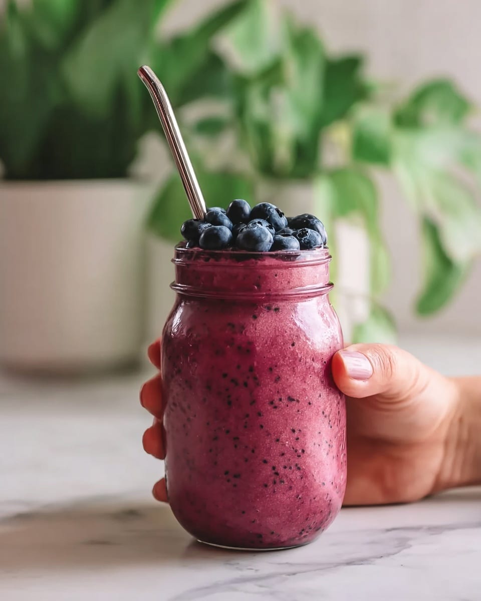 A mason jar filled with a thick, deep pink smoothie with small dark specks throughout, topped generously with fresh whole blueberries that add a dark blue contrast on top. A shiny metallic straw is placed inside the jar, angled slightly to the left. A woman's hand grasps the jar firmly around the middle. The background features a soft-focus green plant in a white pot and a white marbled surface. photo taken with an iphone --ar 4:5 --v 7